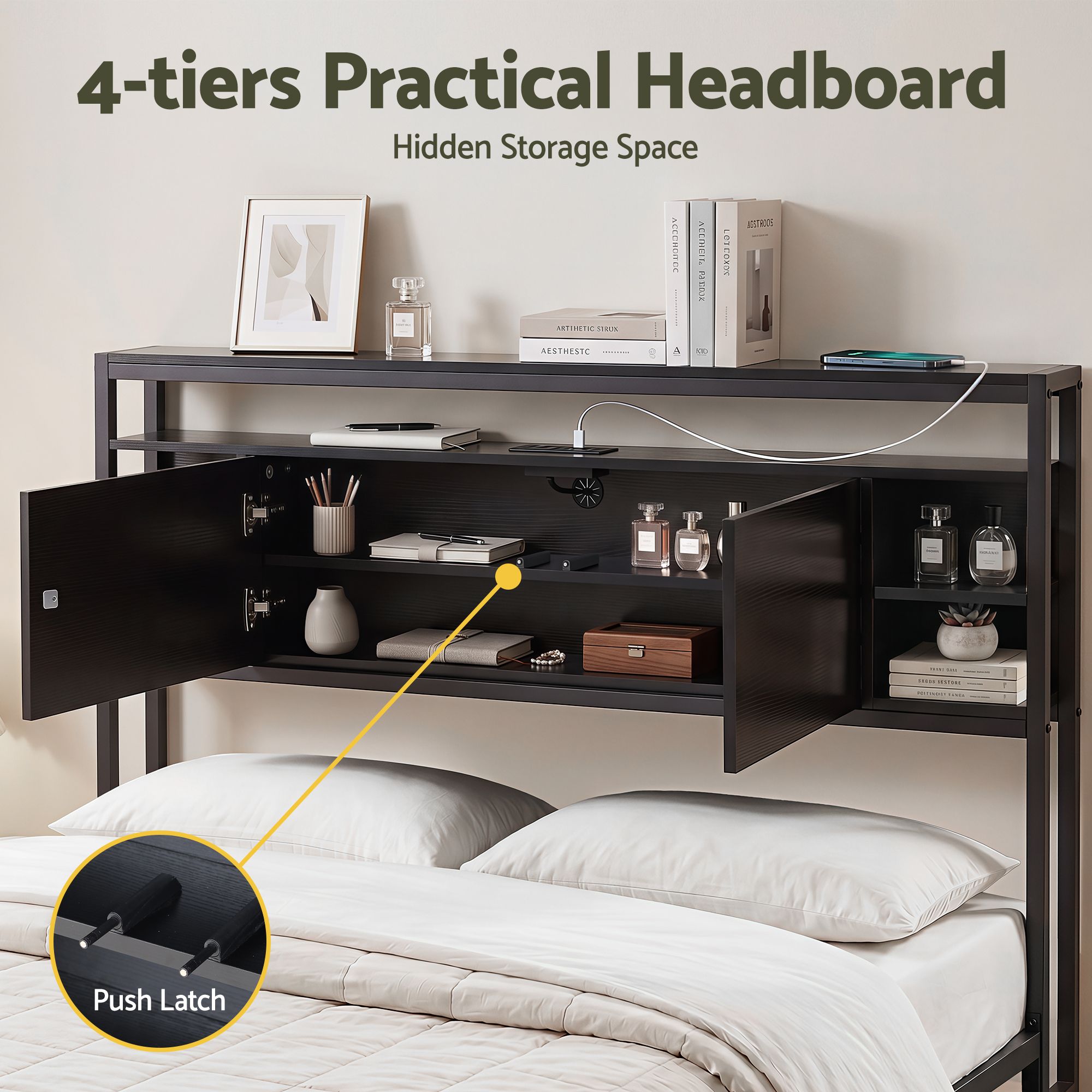 Artiss Bed Headboard Queen Storage Bedhead Charging Station Black - Image 4