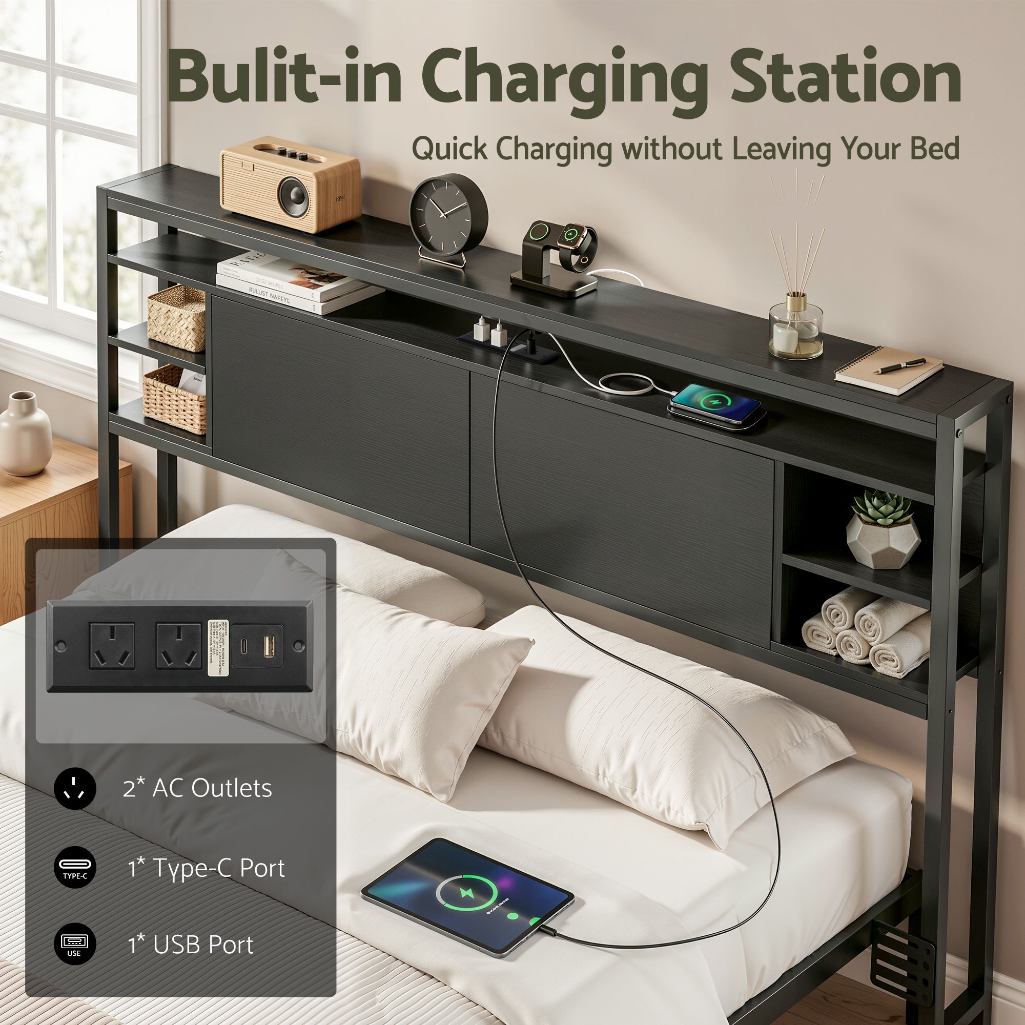 Artiss Bed Headboard Queen Storage Bedhead Charging Station Black - Image 5