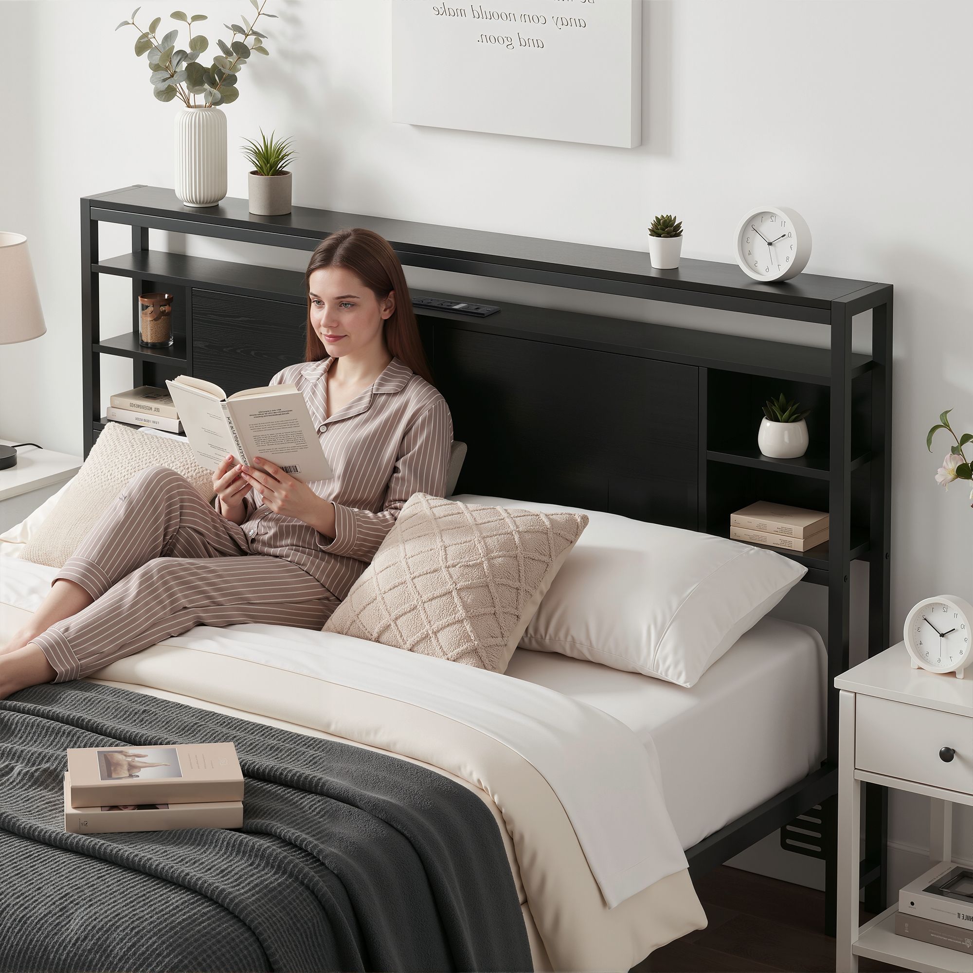 Artiss Bed Headboard Queen Storage Bedhead Charging Station Black - Image 7