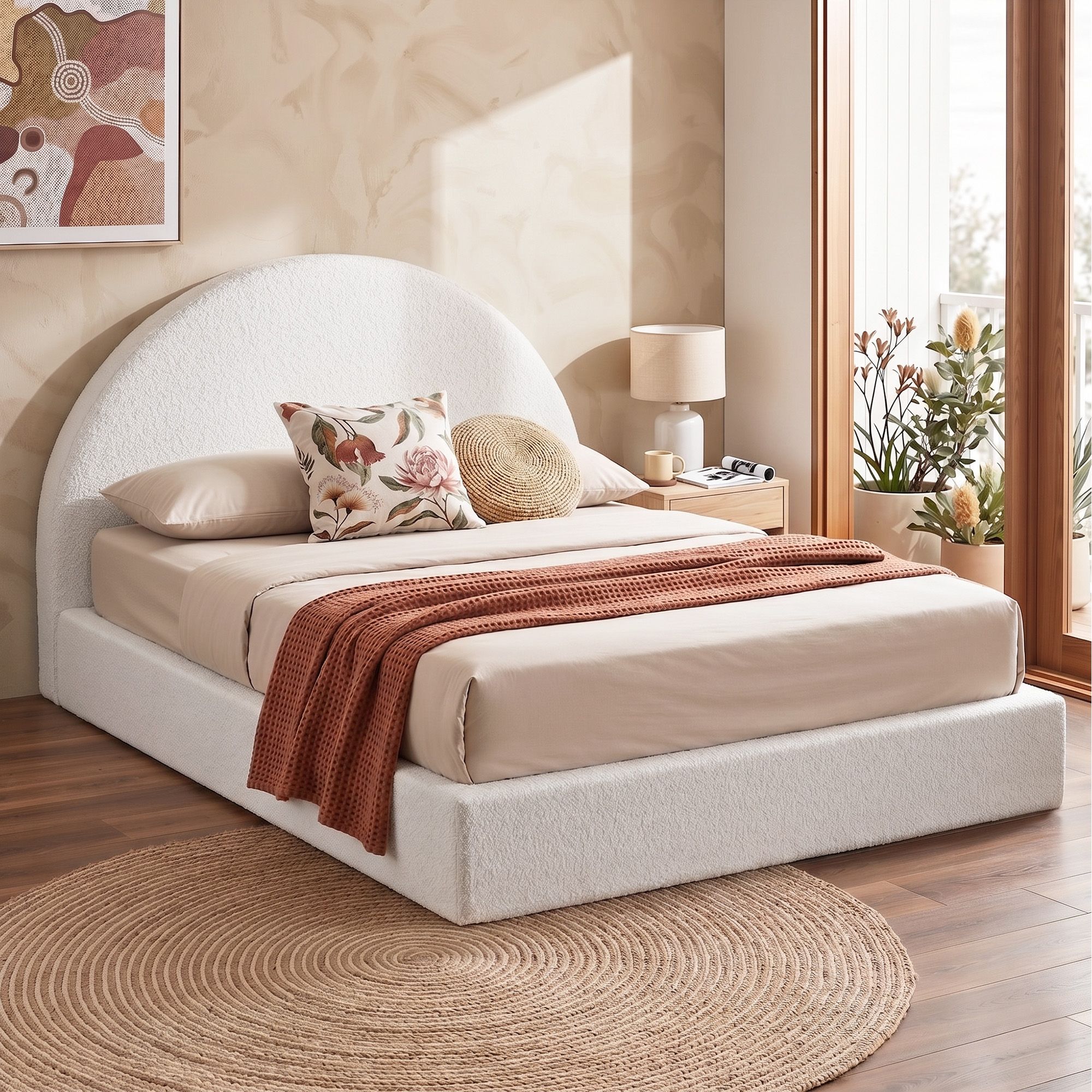 Artiss Double Bed Frame Boucle Fabric Vacuum Compressed Beds Removable Washable Cover No-Assembly - Image 1