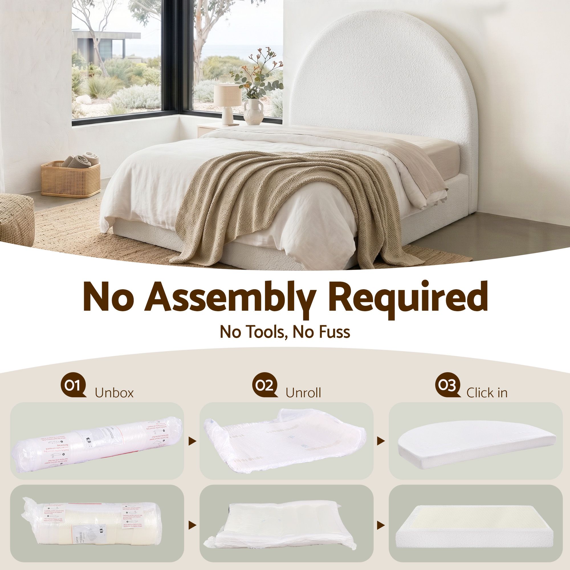 Artiss Double Bed Frame Boucle Fabric Vacuum Compressed Beds Removable Washable Cover No-Assembly - Image 4