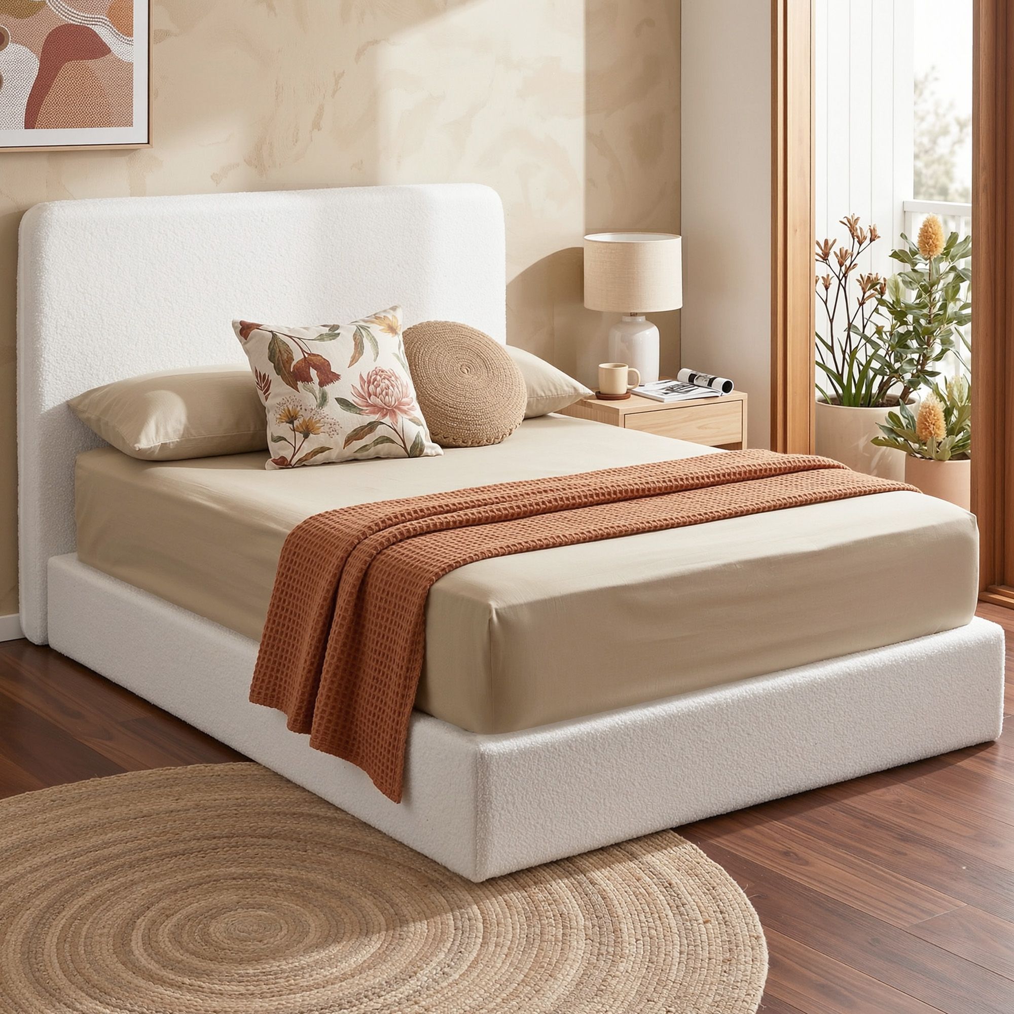 Artiss Double Bed Frame Boucle Fabric Vacuum Compressed Beds Removable Washable Cover - Image 1