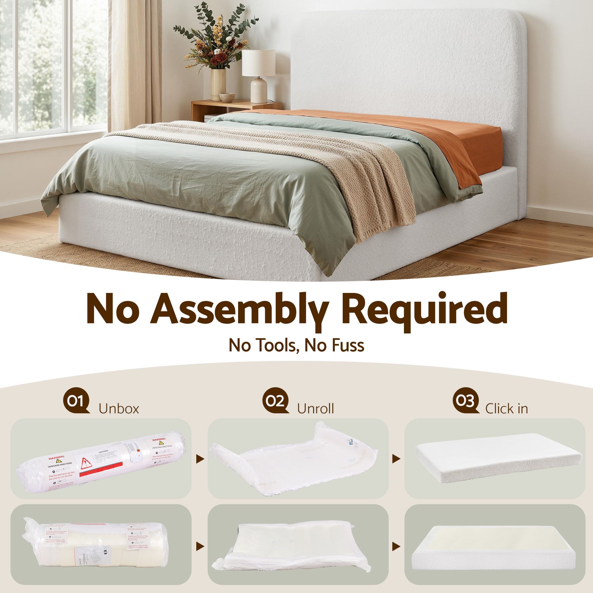 Artiss Double Bed Frame Boucle Fabric Vacuum Compressed Beds Removable Washable Cover - Image 4