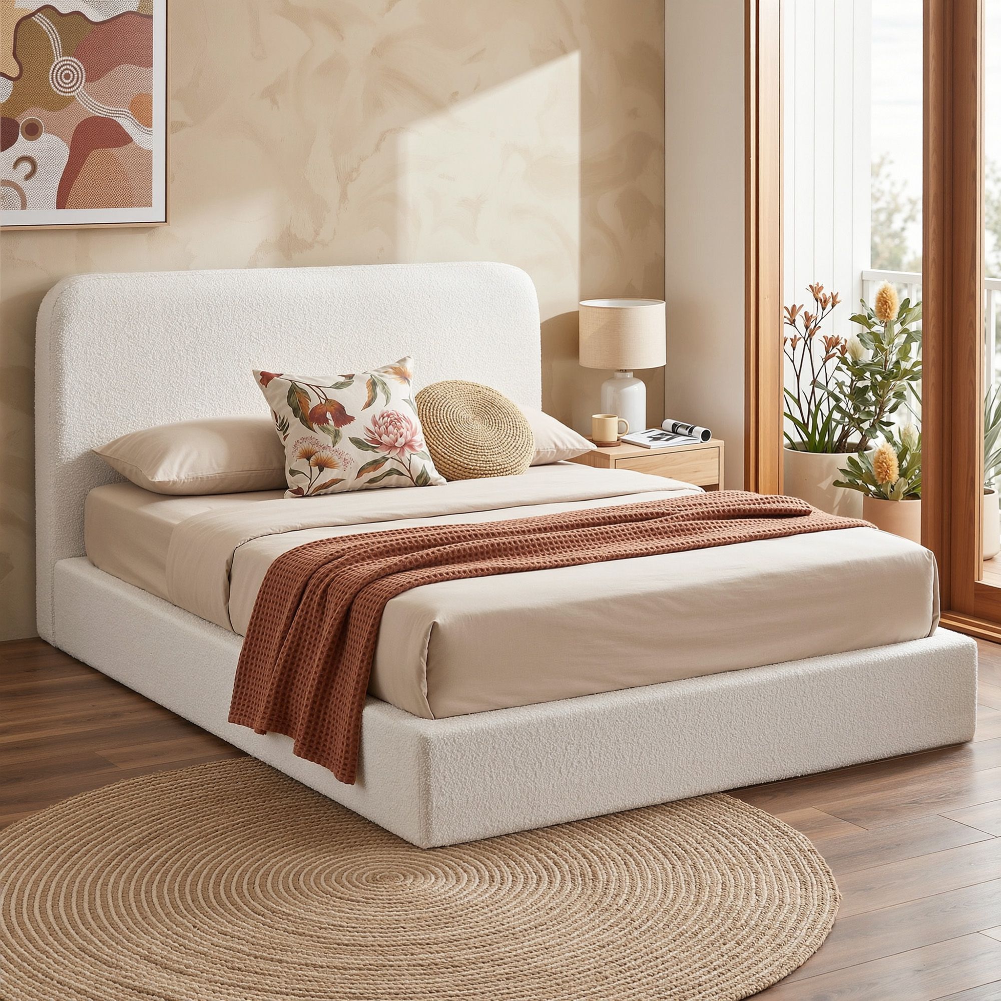 Artiss Queen Bed Frame Boucle Fabric Vacuum Compressed Beds Washable Cover No-Assembly - Image 1