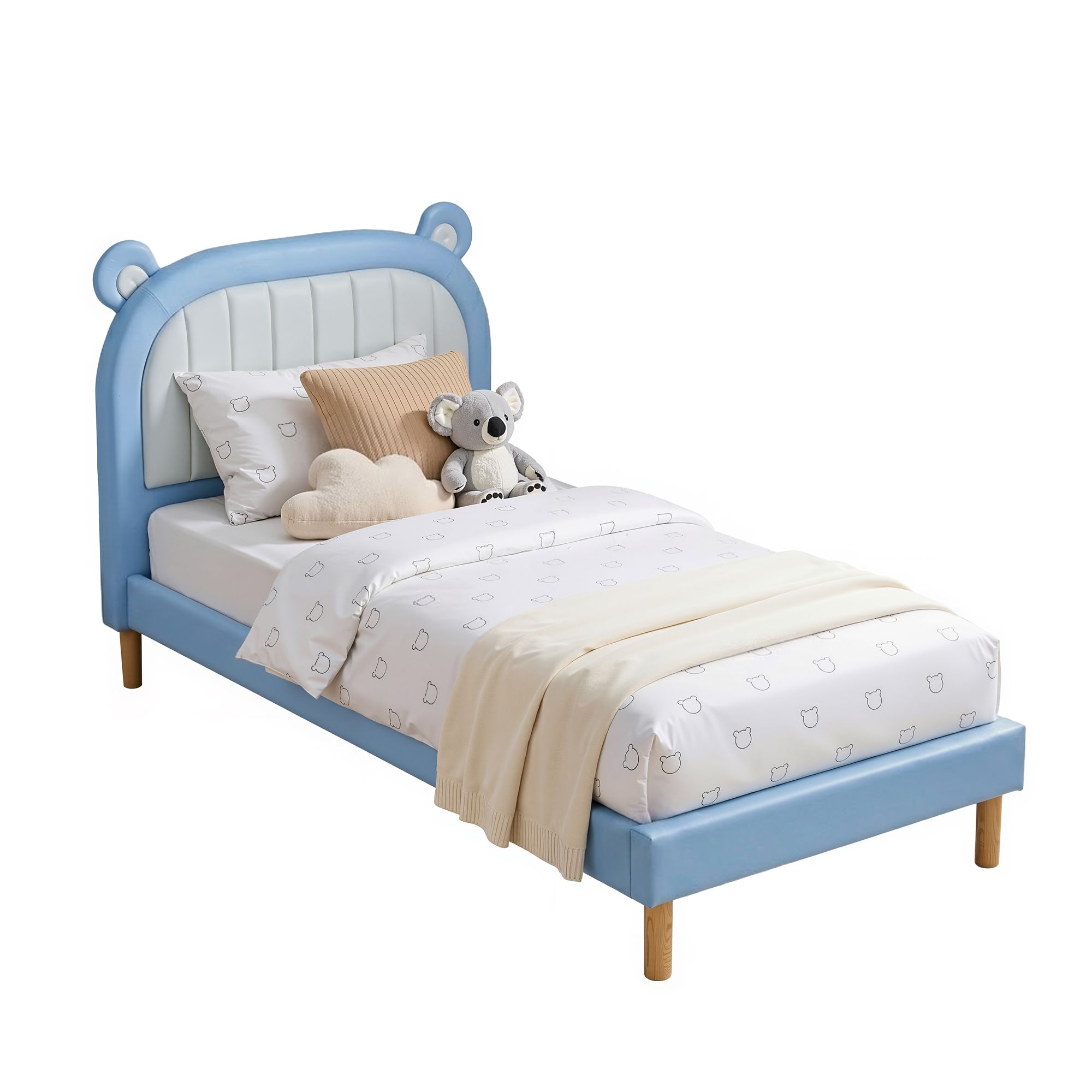 Artiss Kids King Single Bed Frame Upholstered Bear Headboard Waterproof Leather Boys Bed 180kg Capacity Blue and White - Image 1
