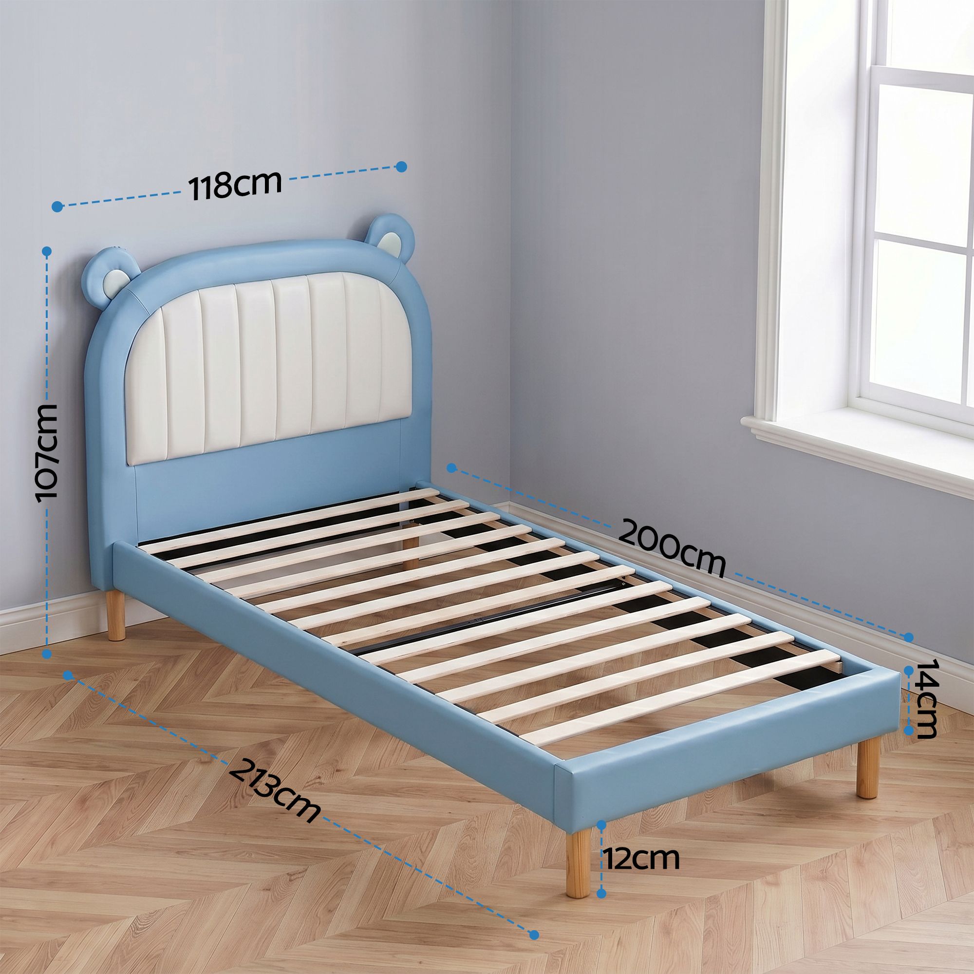 Artiss Kids King Single Bed Frame Upholstered Bear Headboard Waterproof Leather Boys Bed 180kg Capacity Blue and White - Image 2