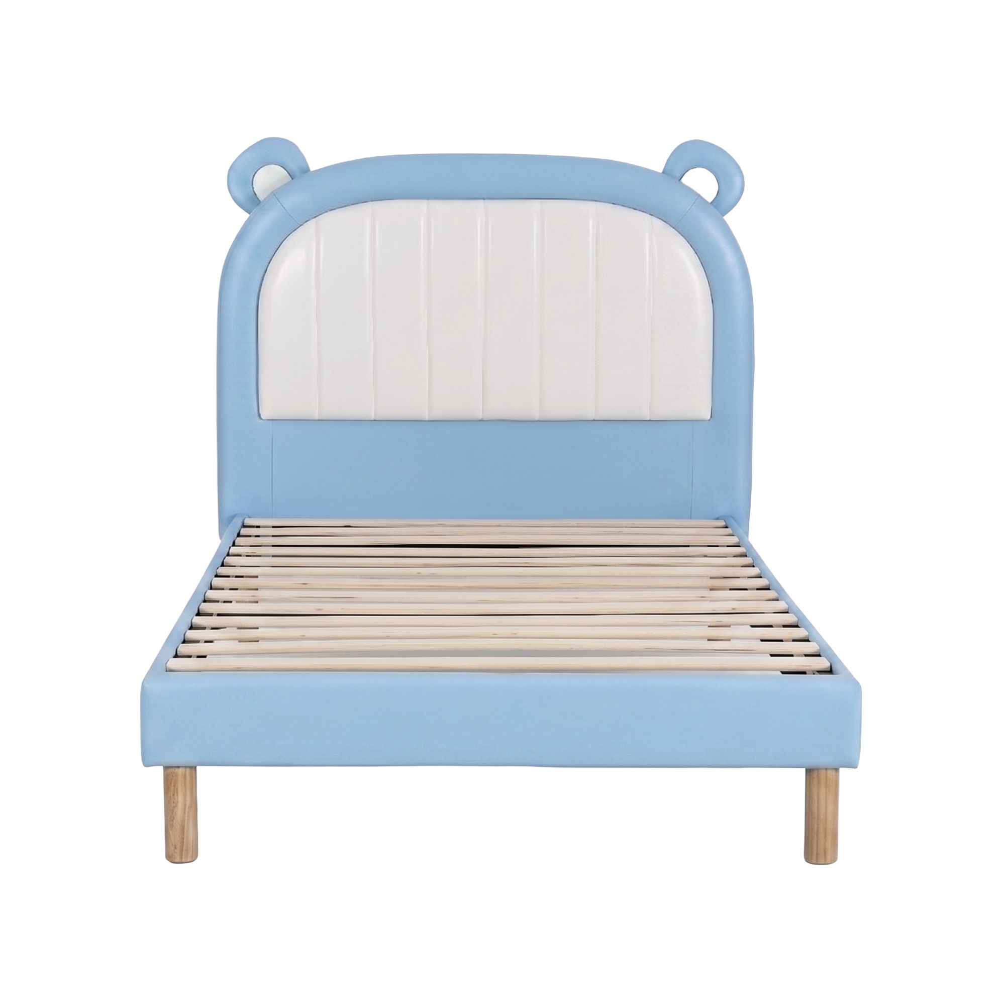 Artiss Kids King Single Bed Frame Upholstered Bear Headboard Waterproof Leather Boys Bed 180kg Capacity Blue and White - Image 3