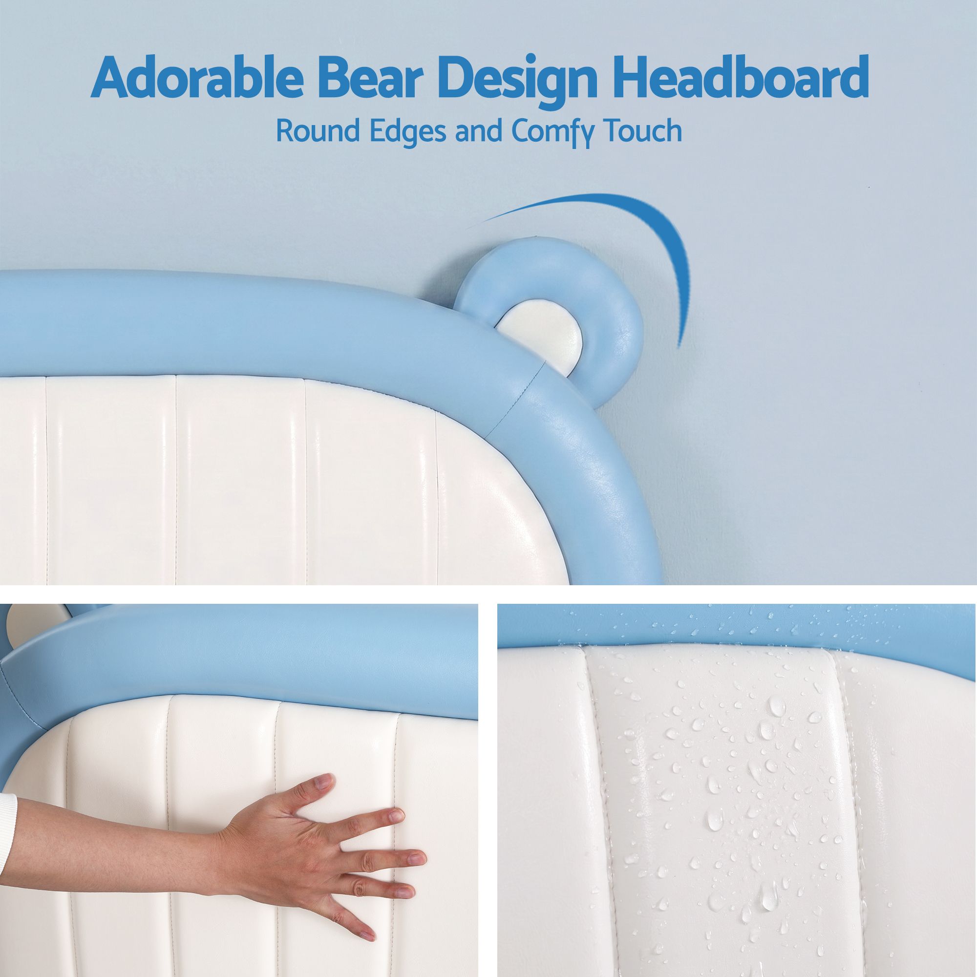 Artiss Kids King Single Bed Frame Upholstered Bear Headboard Waterproof Leather Boys Bed 180kg Capacity Blue and White - Image 4