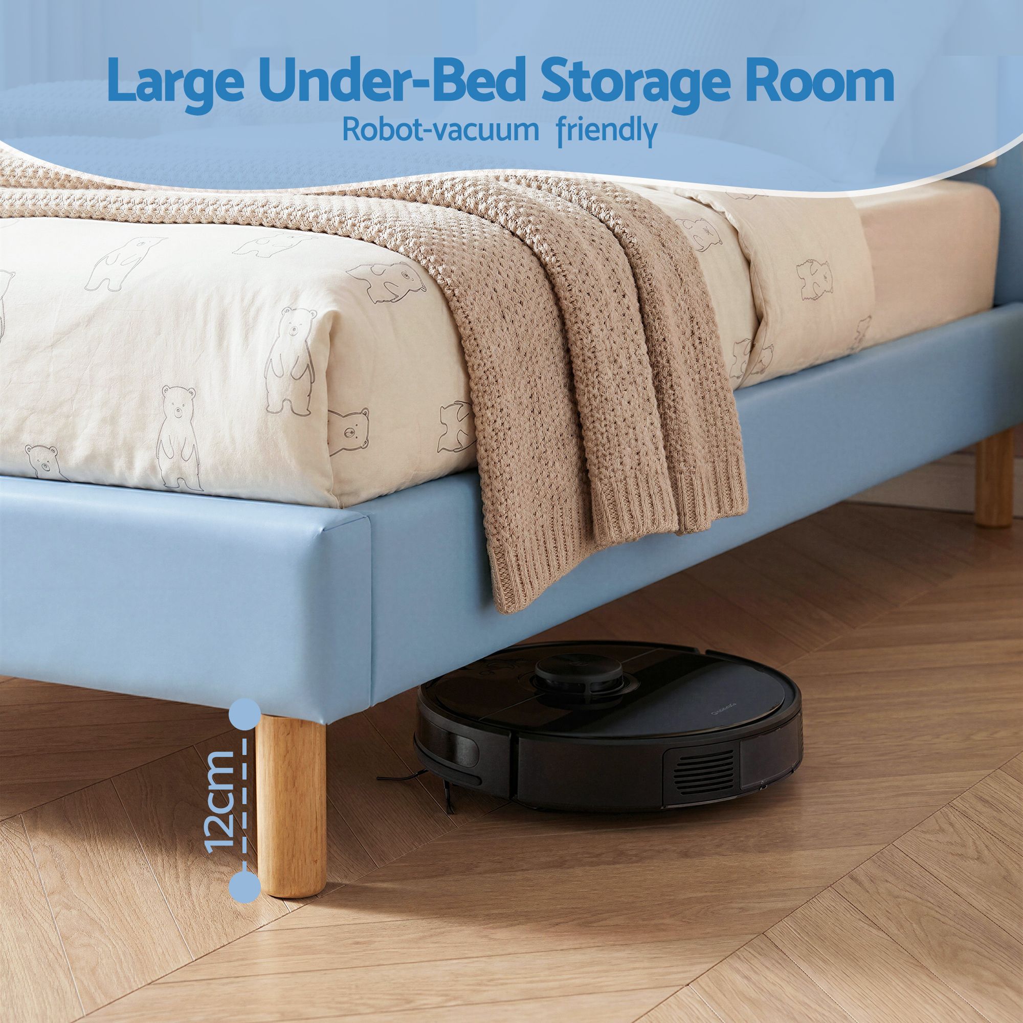 Artiss Kids King Single Bed Frame Upholstered Bear Headboard Waterproof Leather Boys Bed 180kg Capacity Blue and White - Image 7