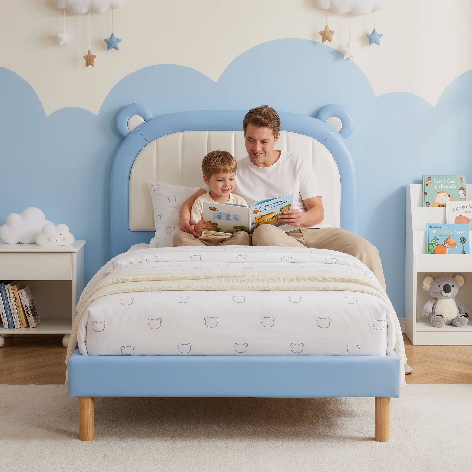 Artiss Kids King Single Bed Frame Upholstered Bear Headboard Waterproof Leather Boys Bed 180kg Capacity Blue and White - Image 8