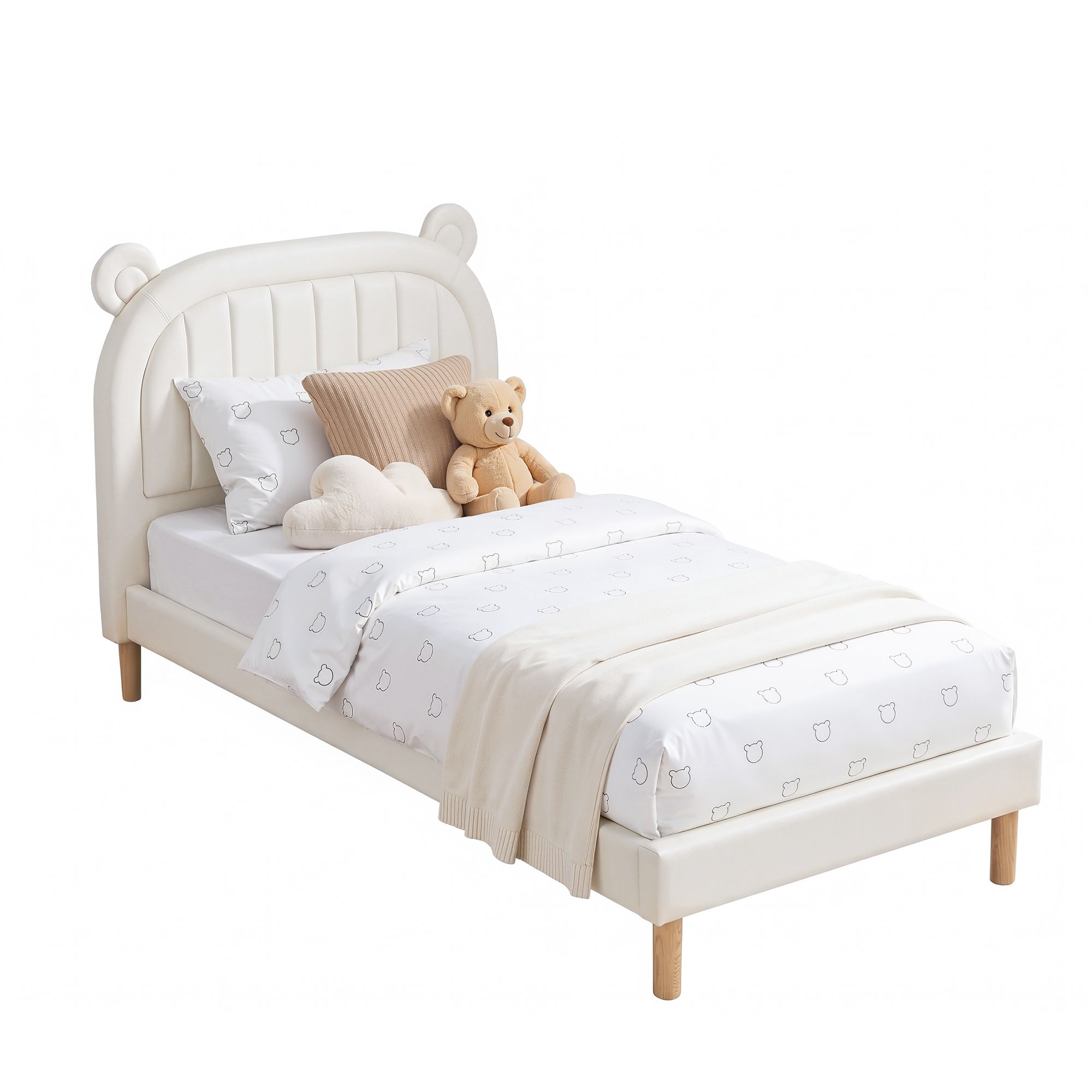 Artiss Kids King Single Bed Frame Bear Ears Headboard Upholstered Leather Platform Bed for Child - Image 1