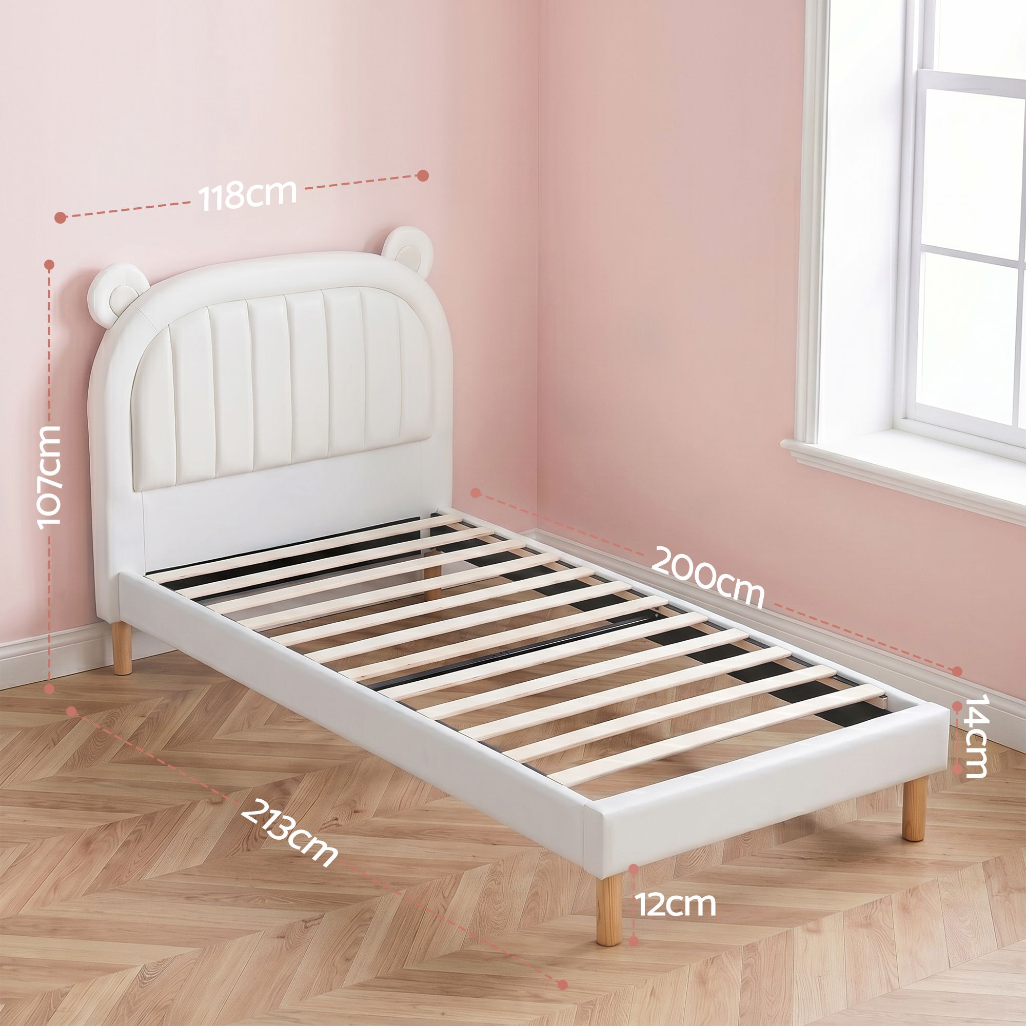 Artiss Kids King Single Bed Frame Bear Ears Headboard Upholstered Leather Platform Bed for Child - Image 2