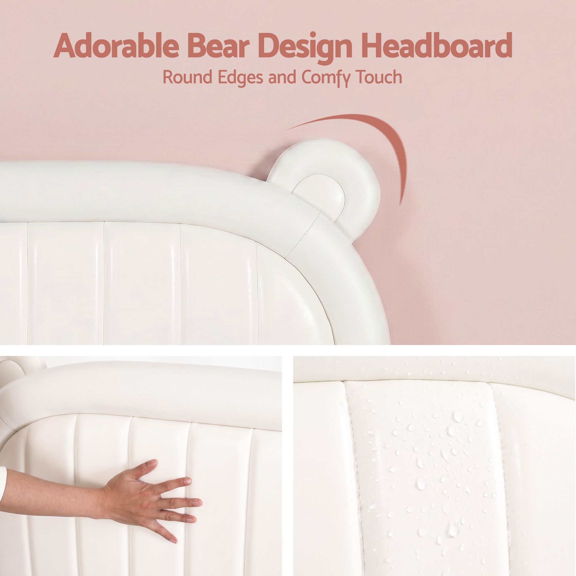 Artiss Kids King Single Bed Frame Bear Ears Headboard Upholstered Leather Platform Bed for Child - Image 4