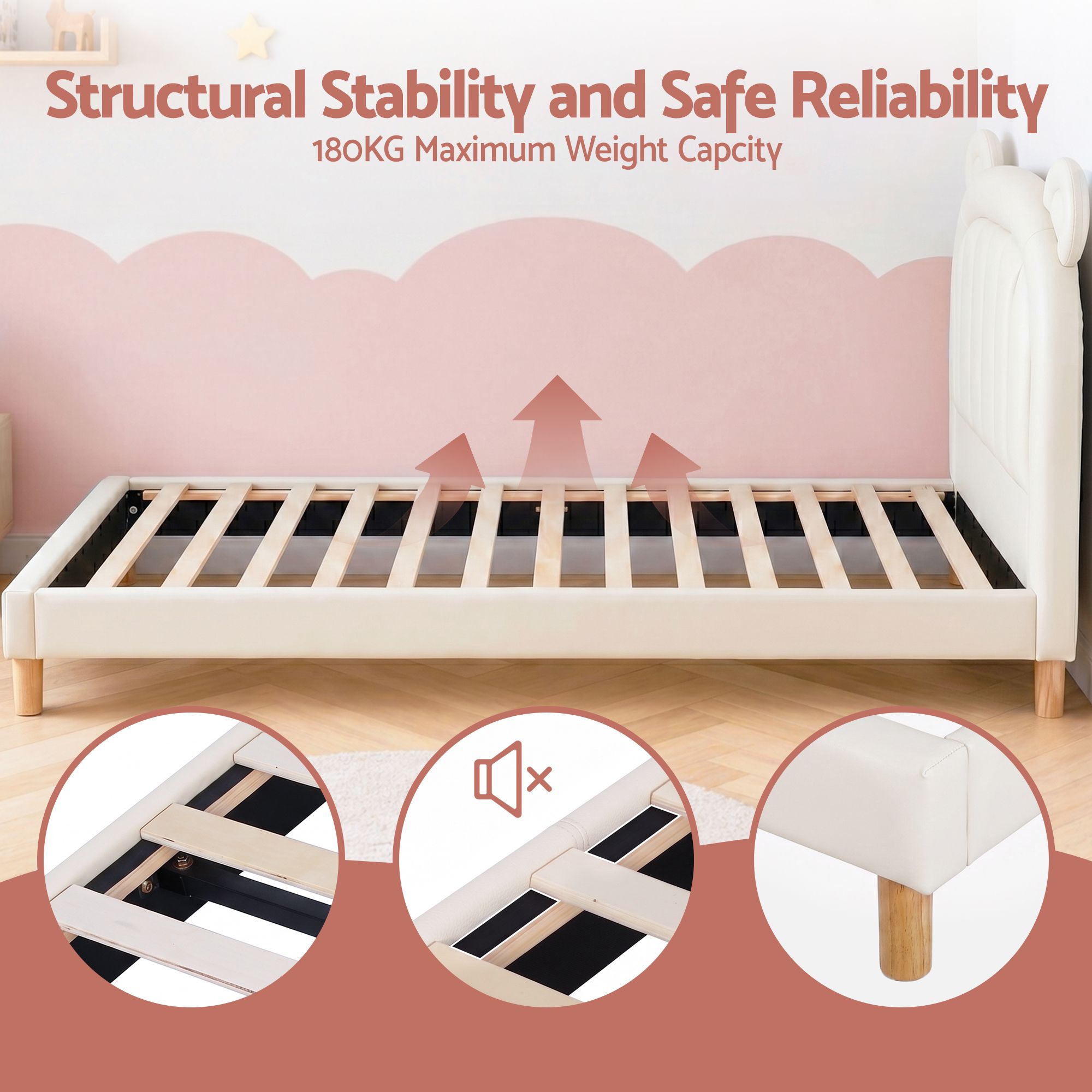 Artiss Kids King Single Bed Frame Bear Ears Headboard Upholstered Leather Platform Bed for Child - Image 6