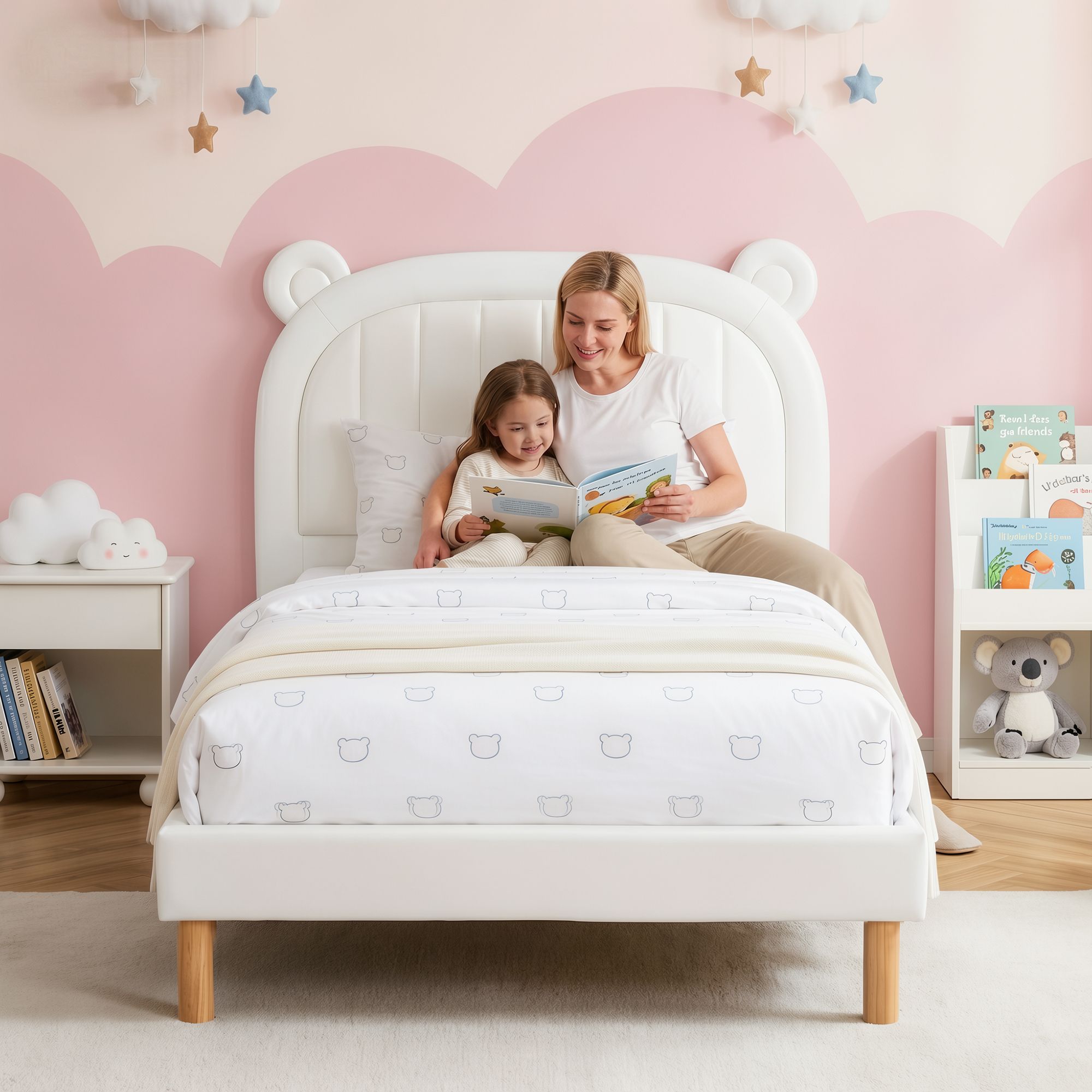 Artiss Kids King Single Bed Frame Bear Ears Headboard Upholstered Leather Platform Bed for Child - Image 8
