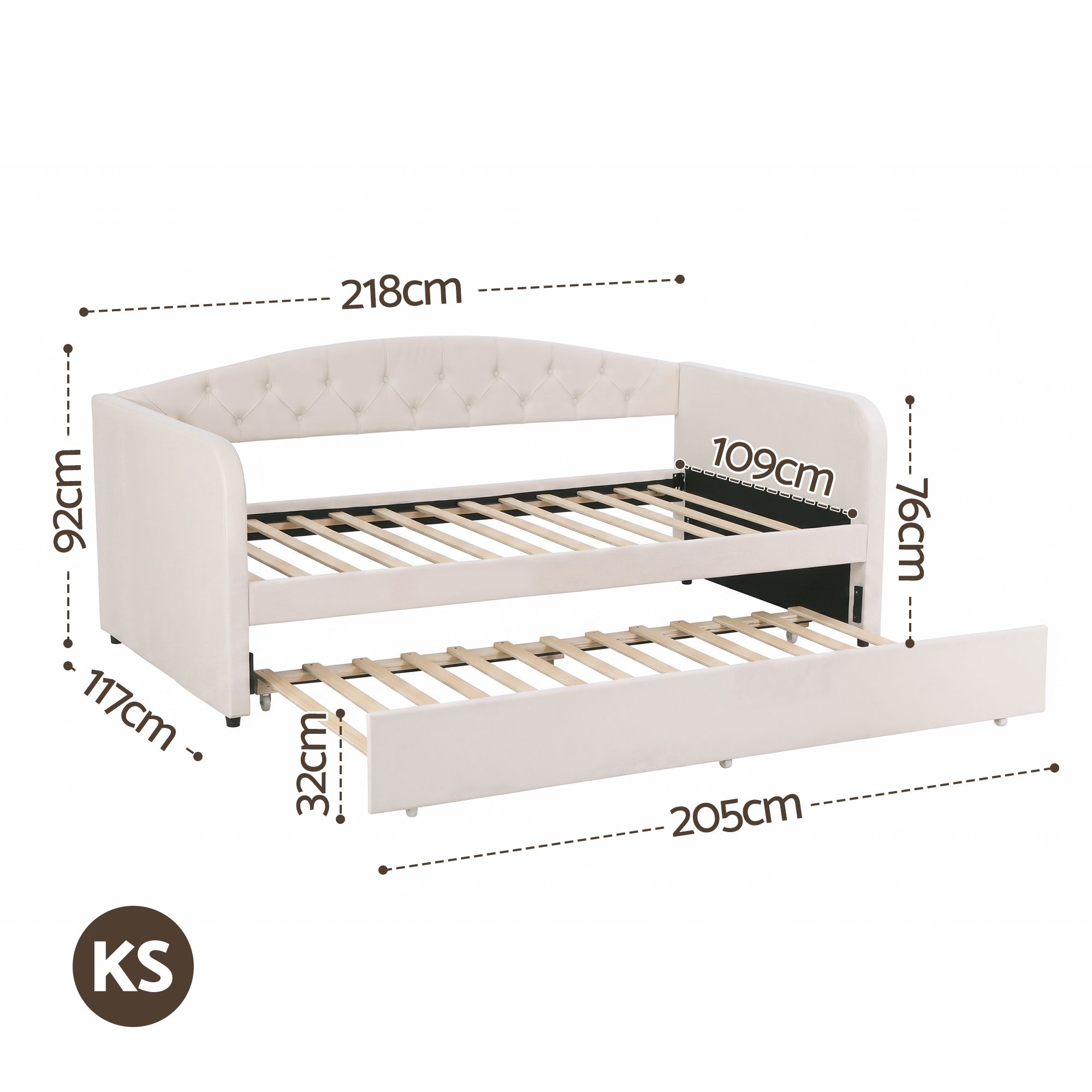 Artiss King Single Daybed Velvet Trundle Bed Frame Tufted Guest Bed - Image 2