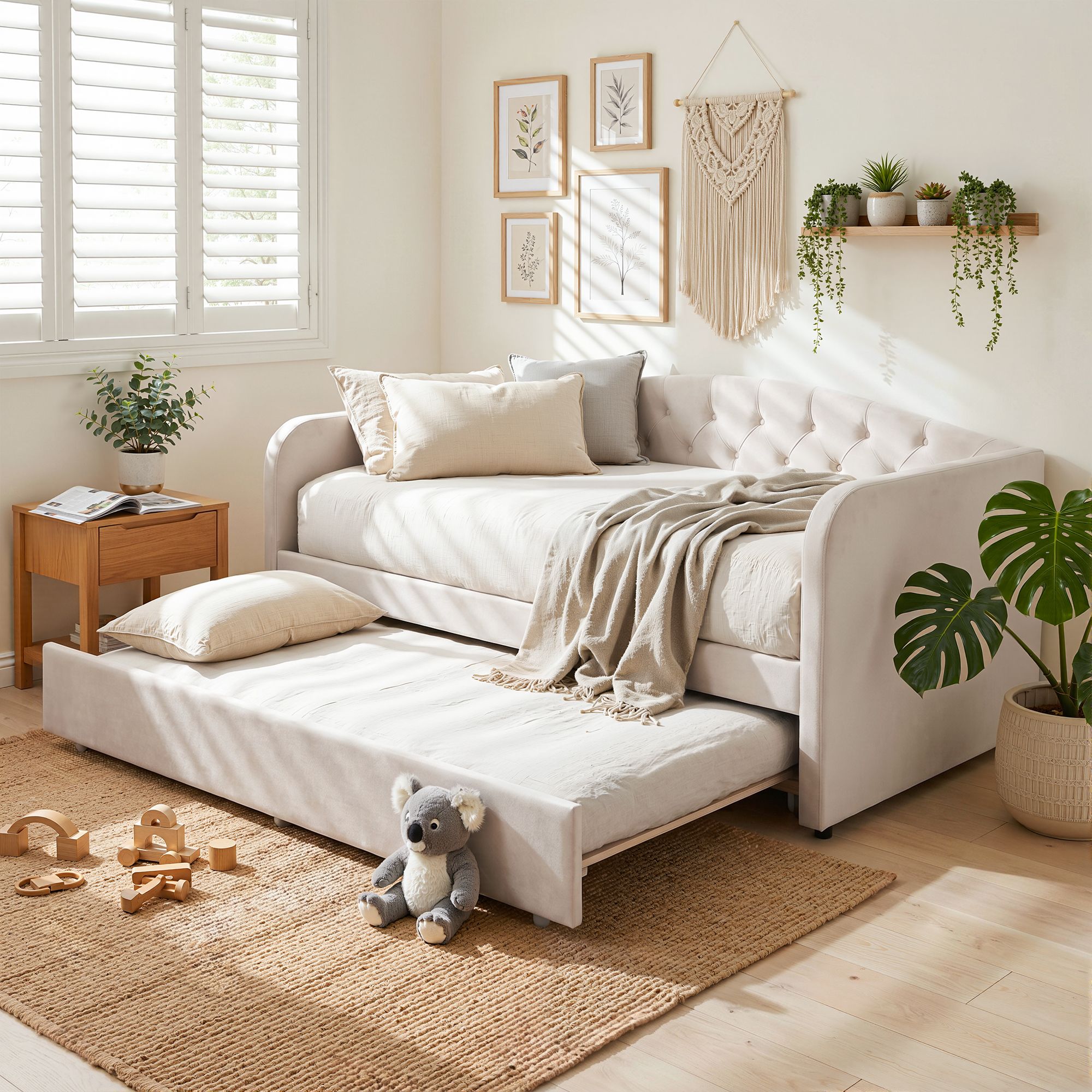 Artiss Single Daybed Velvet Trundle Bed Frame Tufted Guest Bed - Image 1