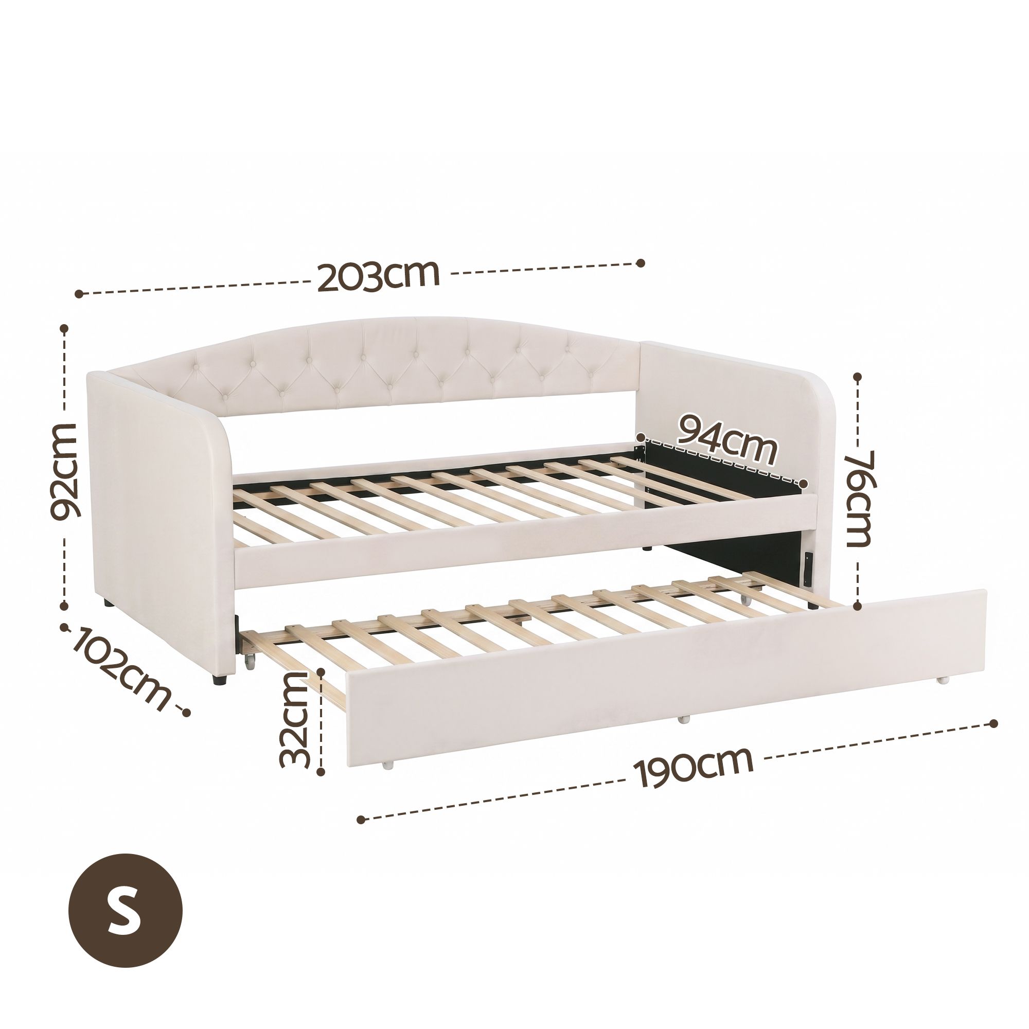 Artiss Single Daybed Velvet Trundle Bed Frame Tufted Guest Bed - Image 3