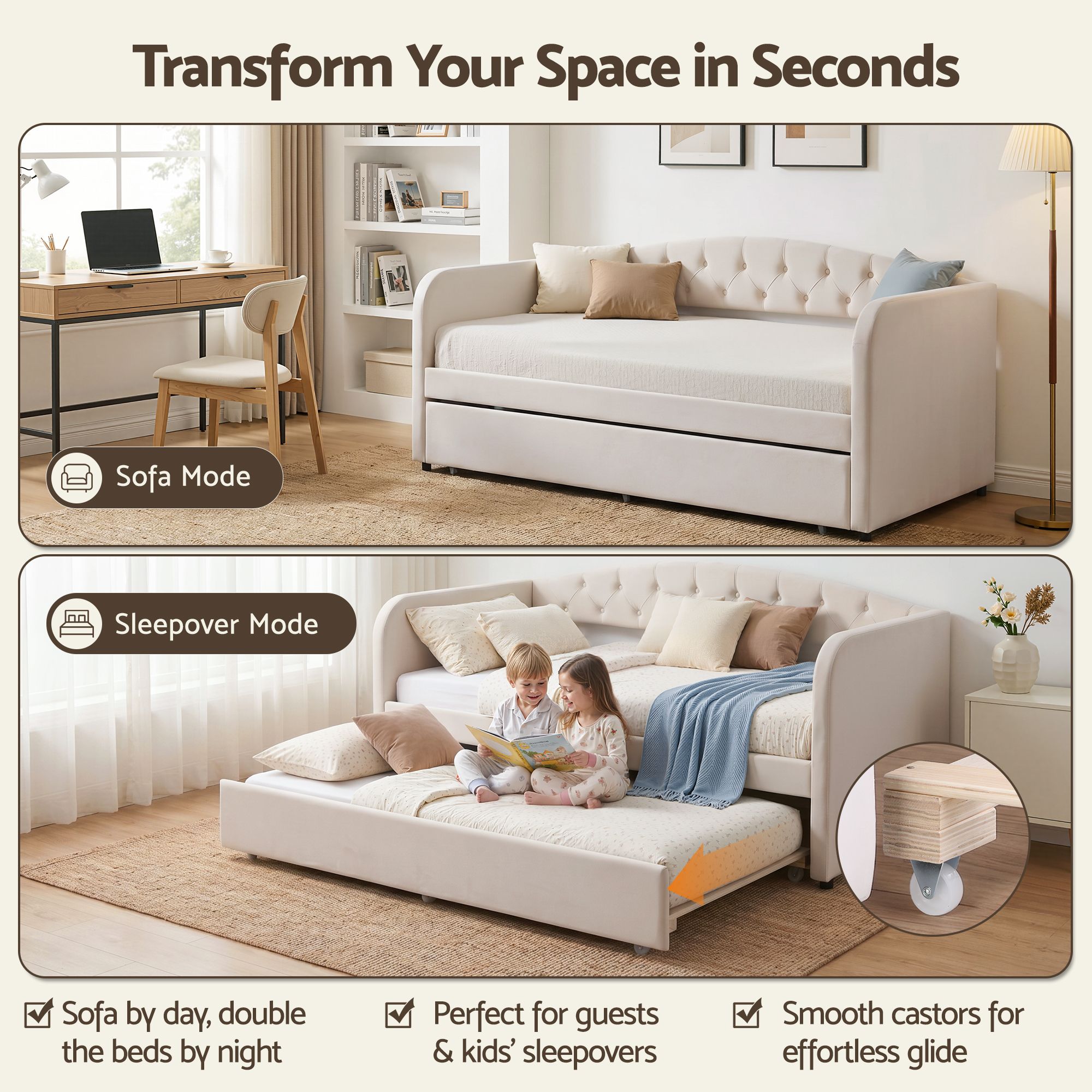 Artiss Single Daybed Velvet Trundle Bed Frame Tufted Guest Bed - Image 5