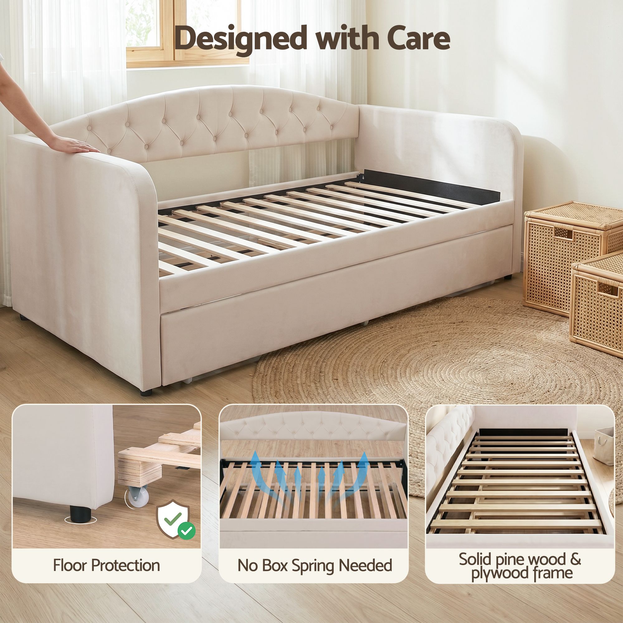 Artiss Single Daybed Velvet Trundle Bed Frame Tufted Guest Bed - Image 8