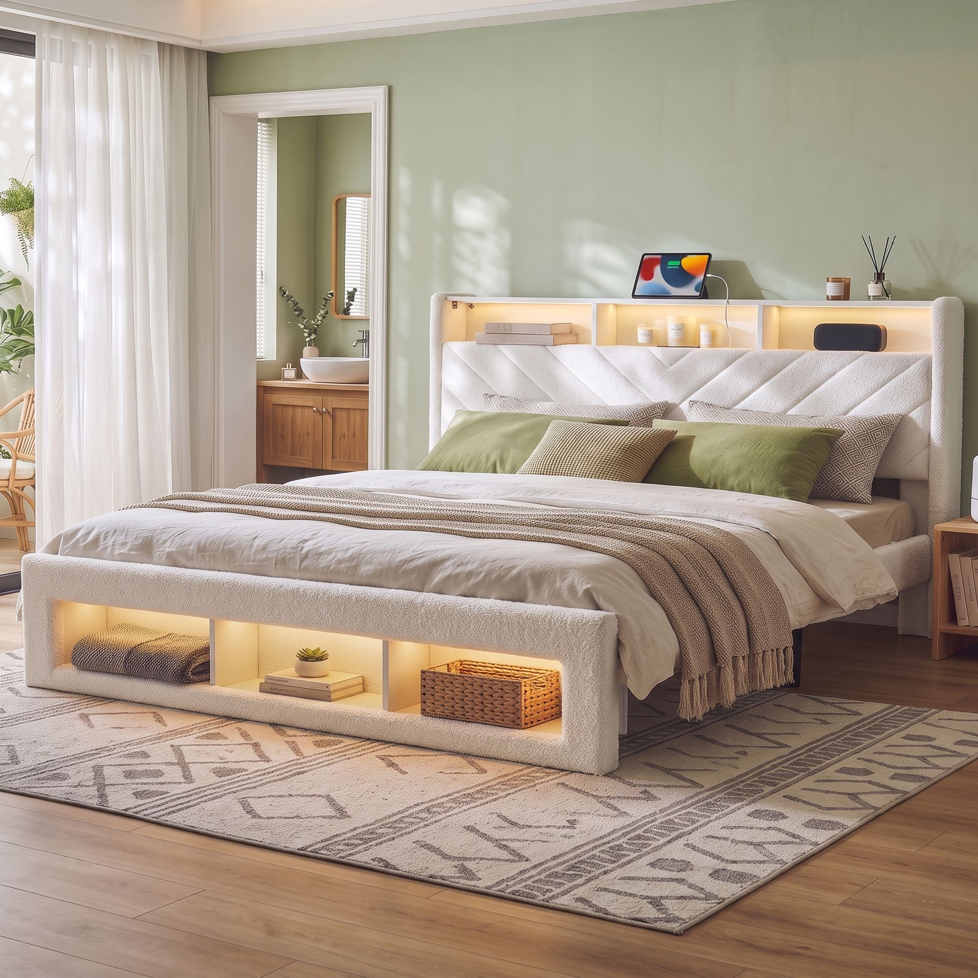 Artiss King Bed Frame with Storage, Charging Station & LED, White - Image 1