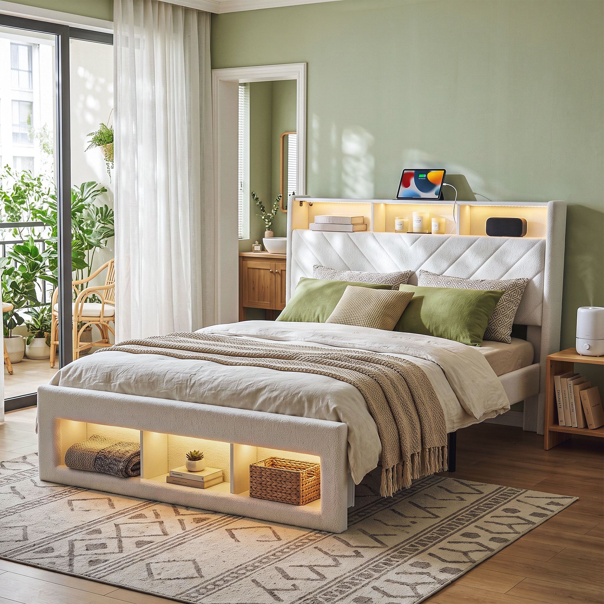 Artiss Queen Bed Frame with Storage Charging Station & LED White - Image 1