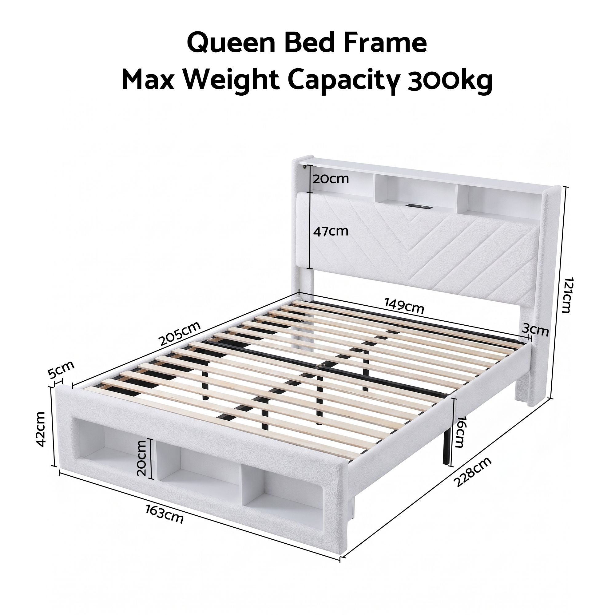 Artiss Queen Bed Frame with Storage Charging Station & LED White - Image 3