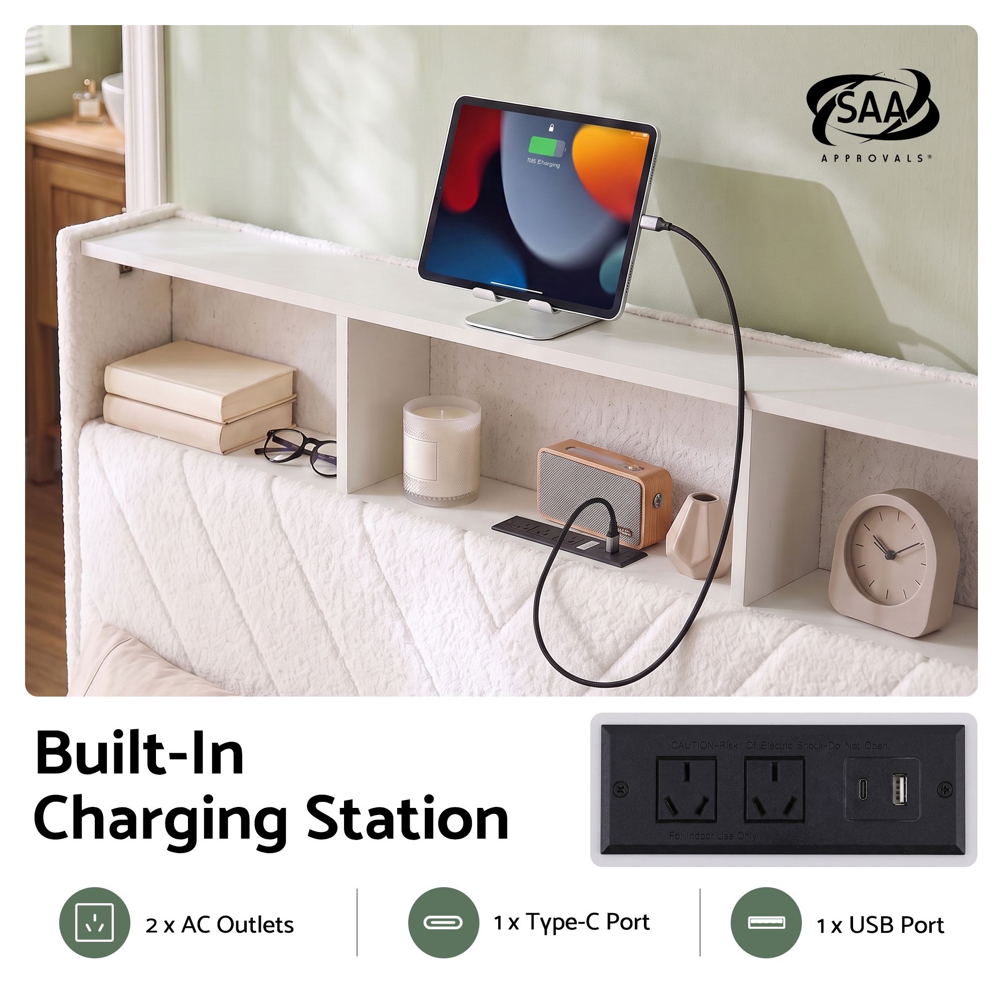 Artiss Queen Bed Frame with Storage Charging Station & LED White - Image 5