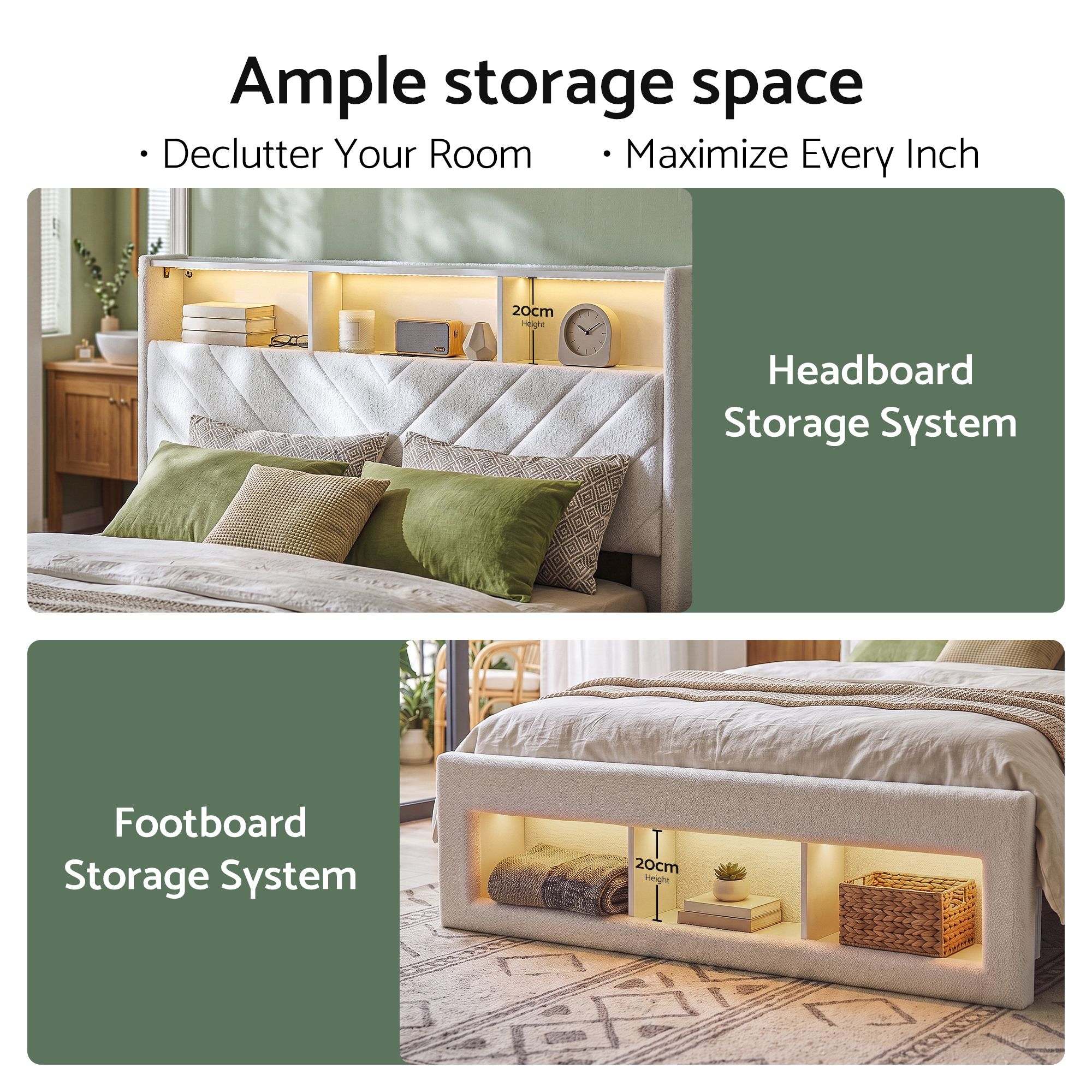 Artiss Queen Bed Frame with Storage Charging Station & LED White - Image 6