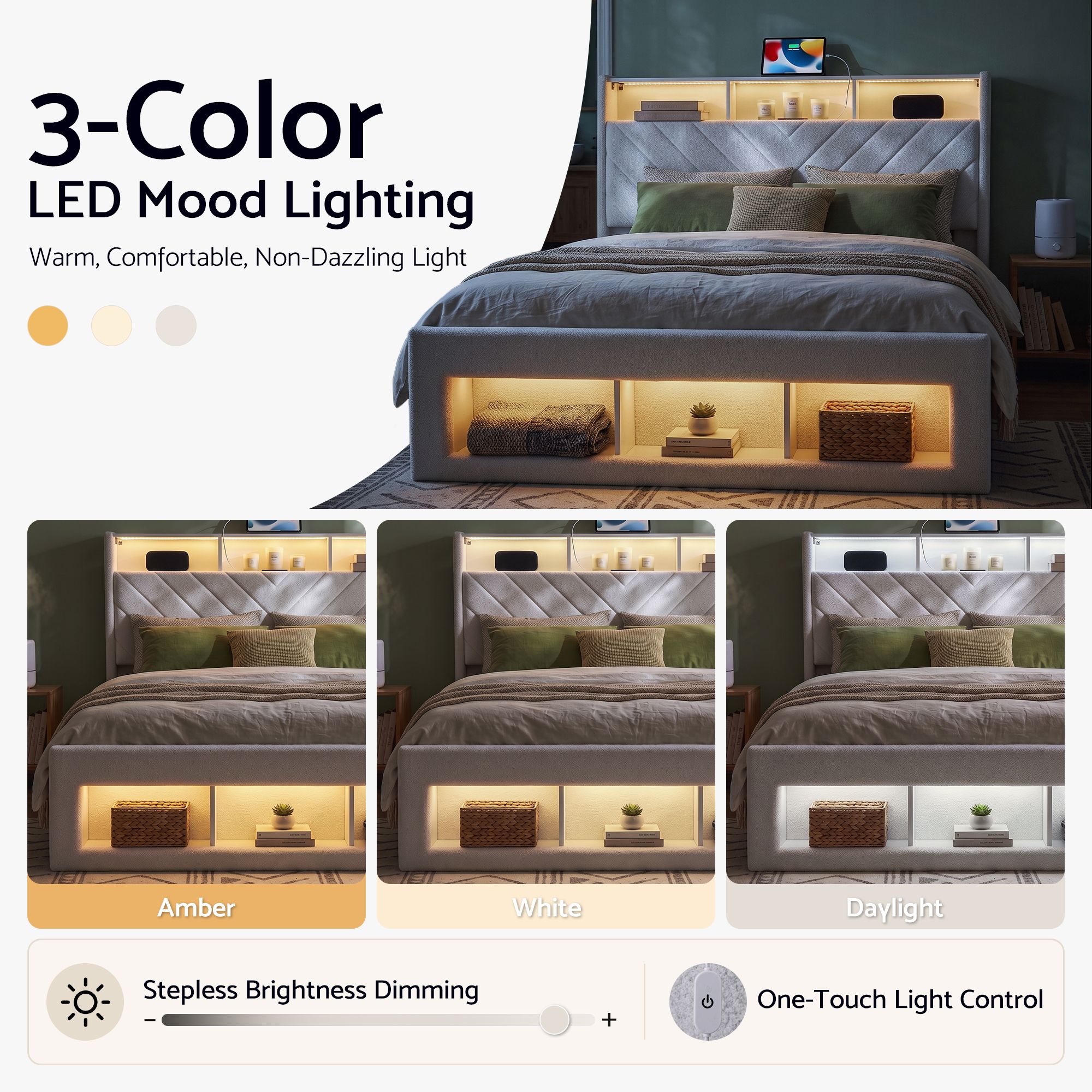 Artiss Queen Bed Frame with Storage Charging Station & LED White - Image 7
