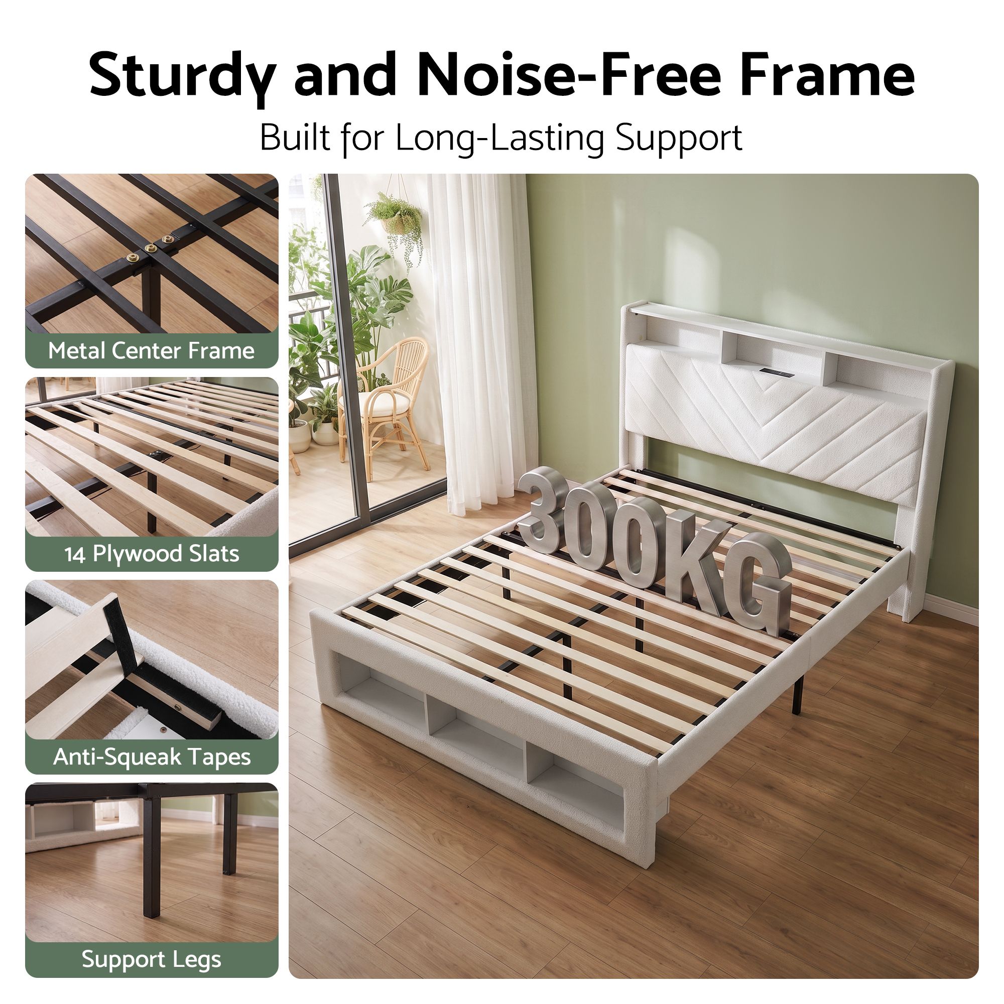 Artiss Queen Bed Frame with Storage Charging Station & LED White - Image 8