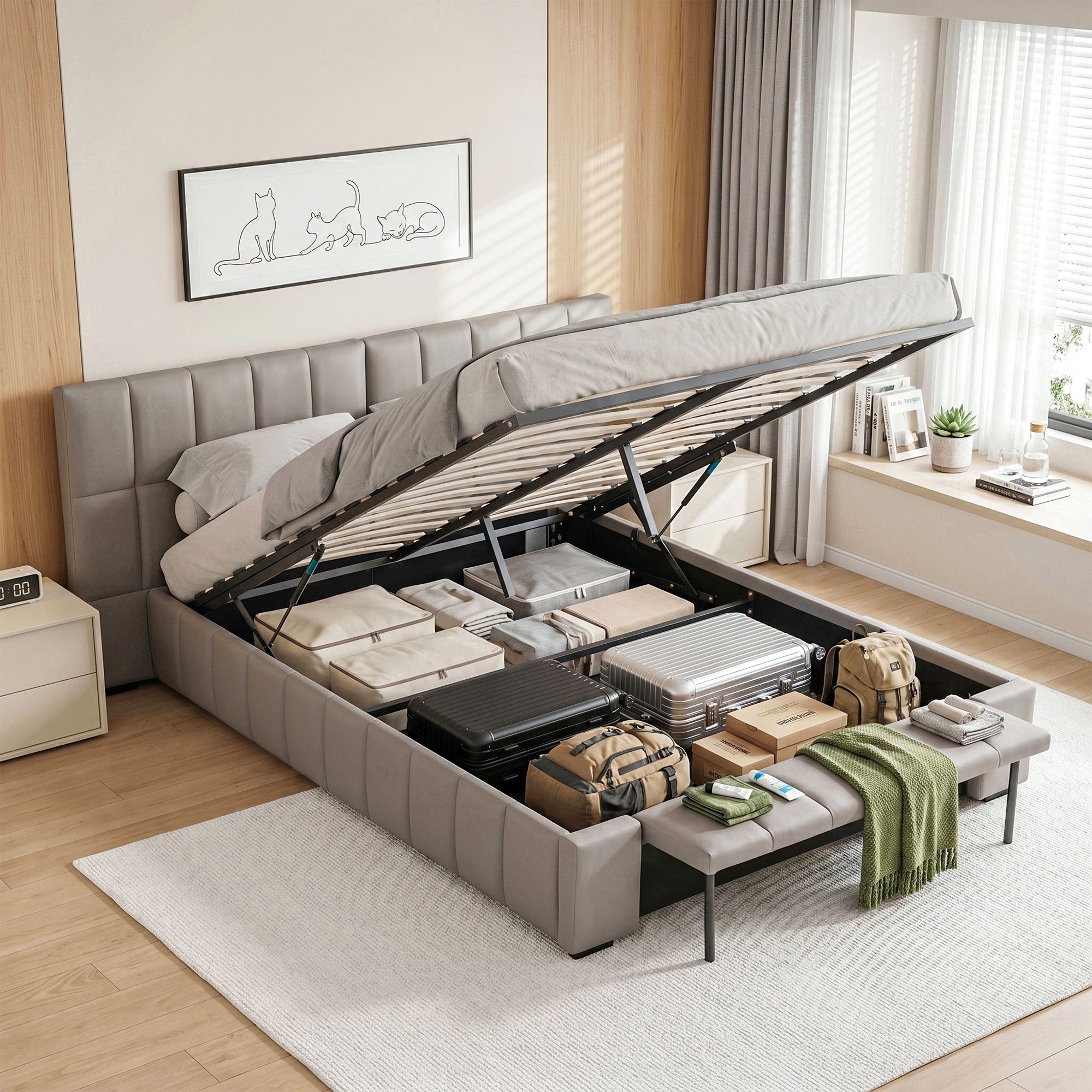 Artiss Double Size Upholstered Gas Lift Bed Frame with Foldable Bench PVC Leather Platform Bed with Storage - Image 1