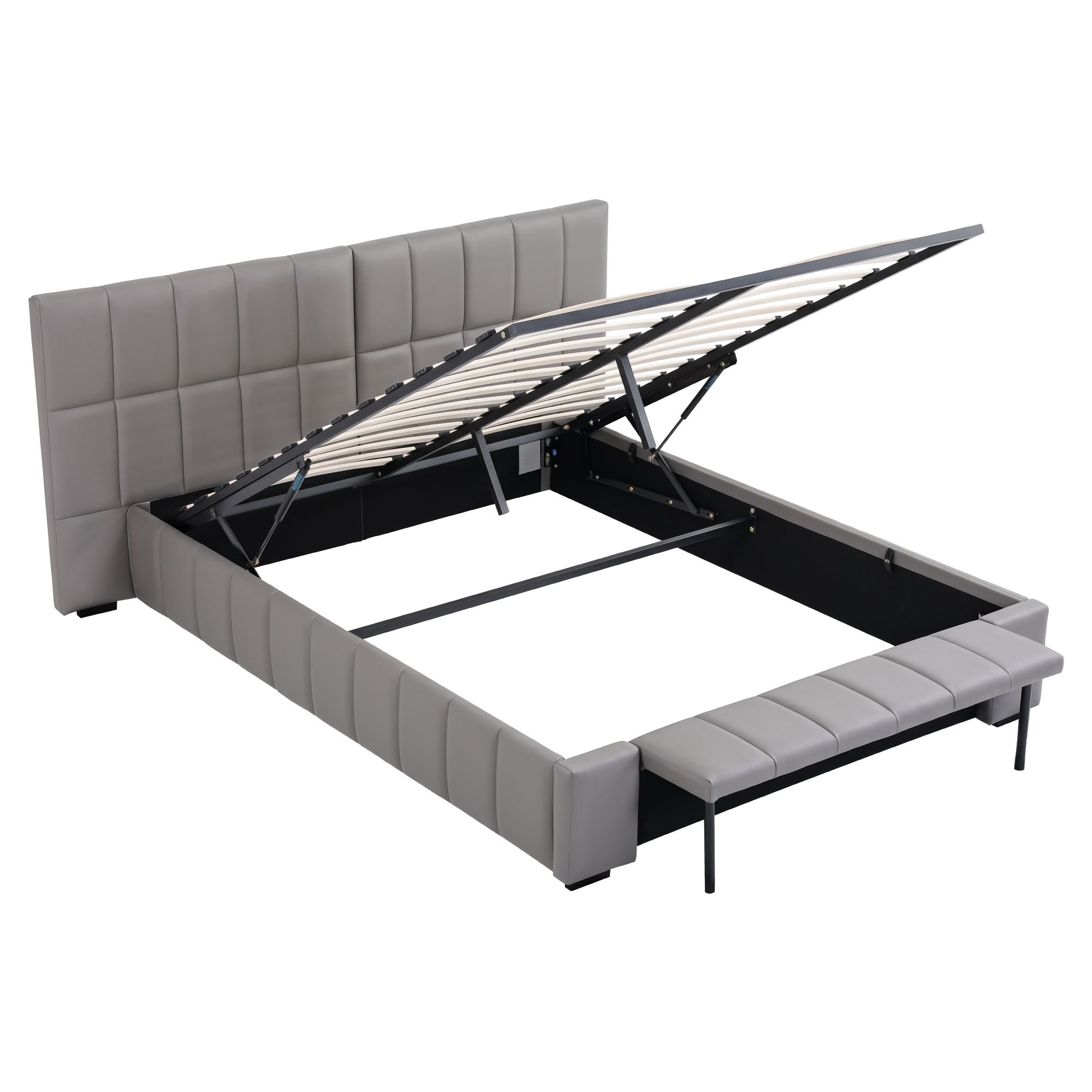 Artiss Double Size Upholstered Gas Lift Bed Frame with Foldable Bench PVC Leather Platform Bed with Storage - Image 2