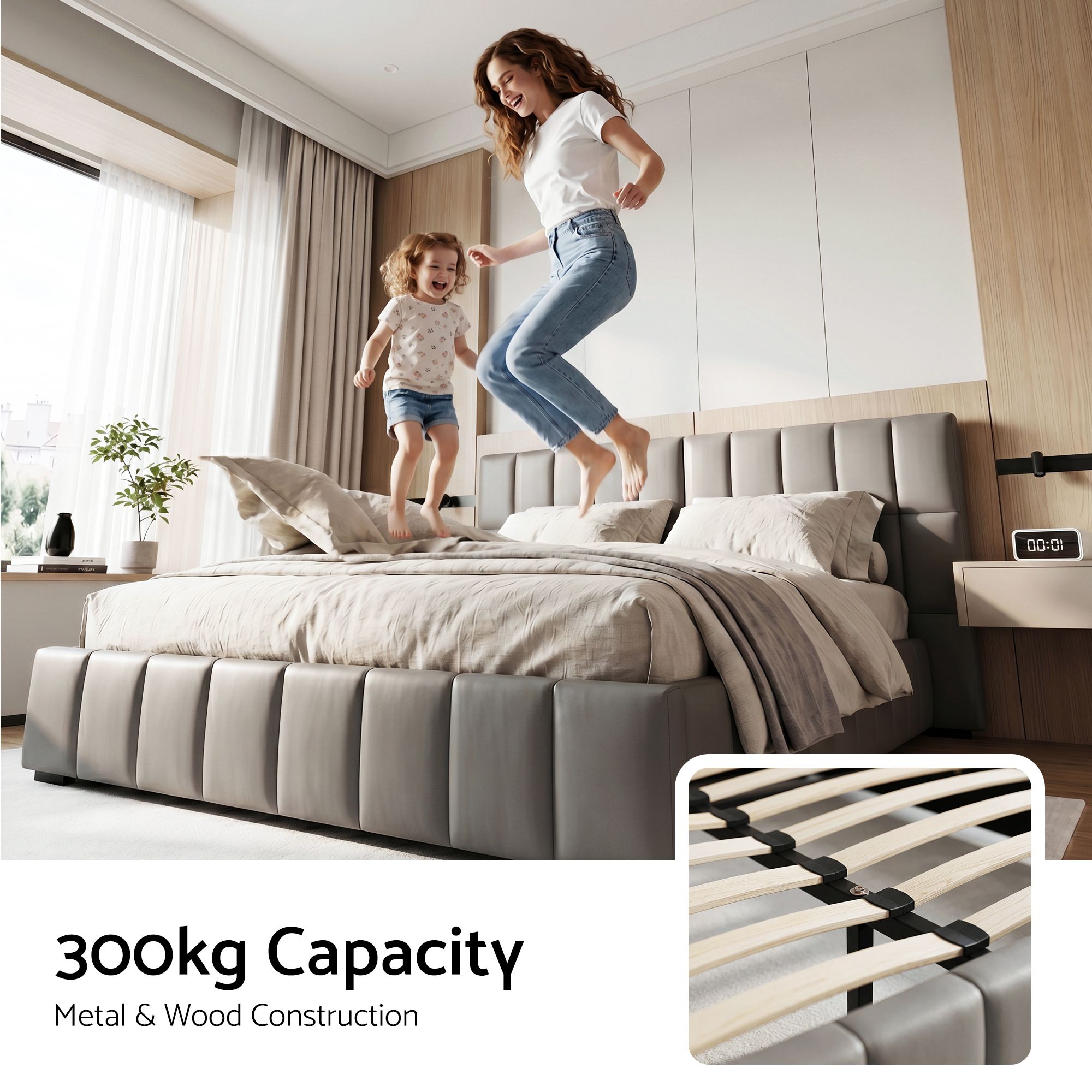 Artiss Double Size Upholstered Gas Lift Bed Frame with Foldable Bench PVC Leather Platform Bed with Storage - Image 7