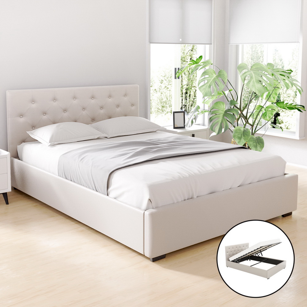 Artiss Bed Frame Double Size Gas Lift Beige VILA - Image 1