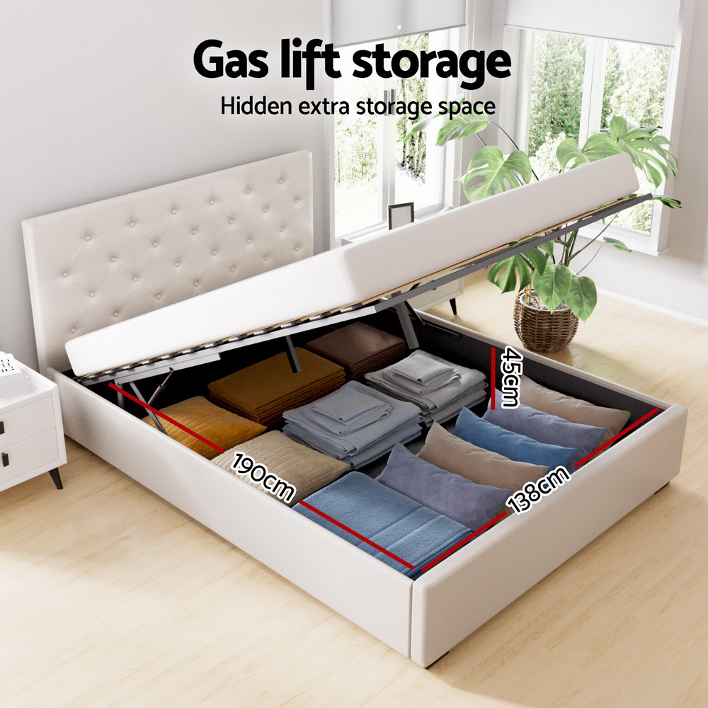 Artiss Bed Frame Double Size Gas Lift Beige VILA - Image 4