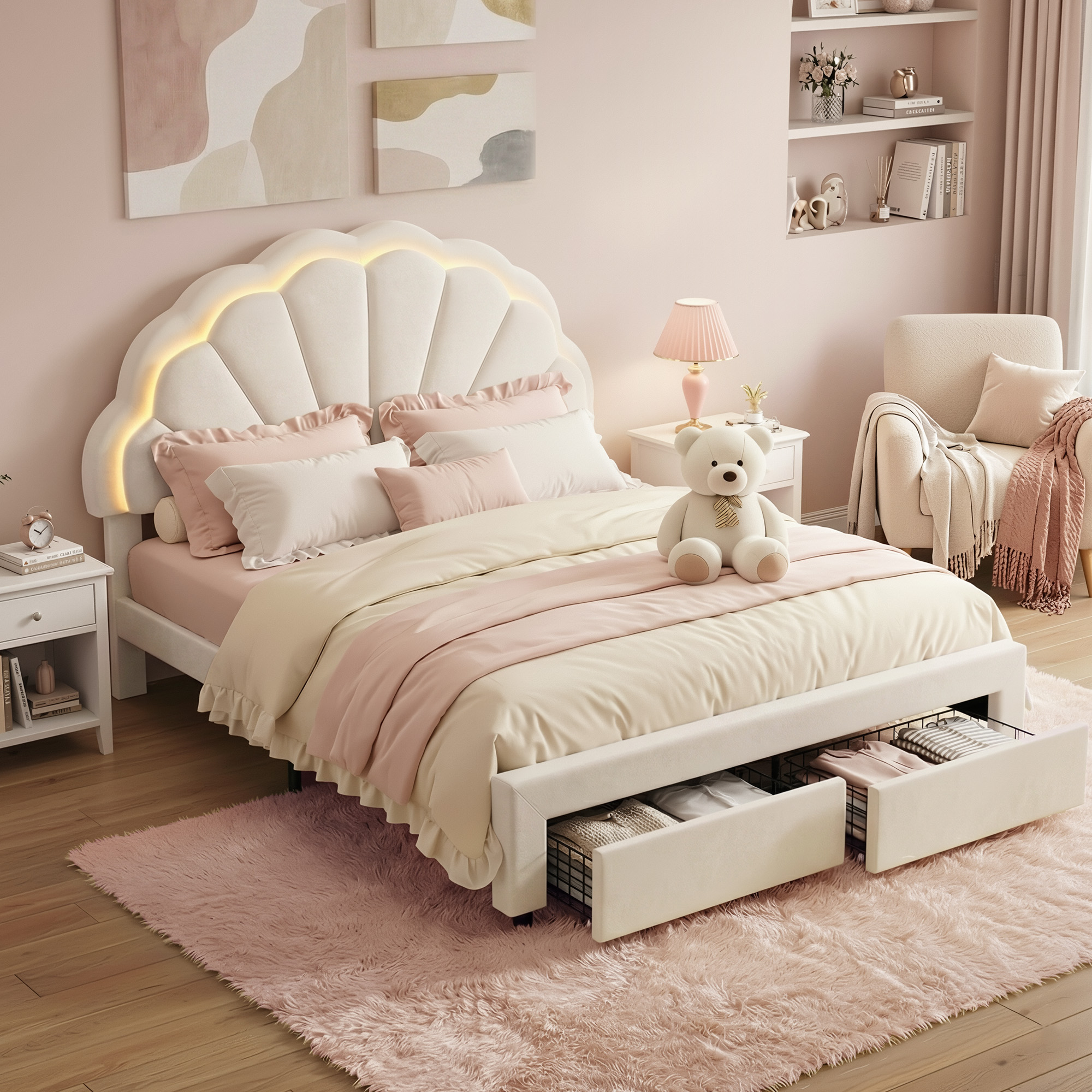 Artiss Double Bed Frame with 2 Storage Drawers Upholstered Velvet Platform Bed LED Headboard - Image 1
