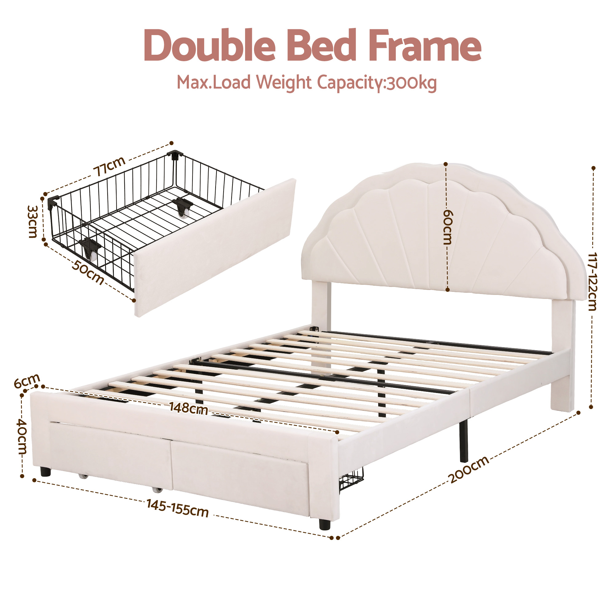 Artiss Double Bed Frame with 2 Storage Drawers Upholstered Velvet Platform Bed LED Headboard - Image 2