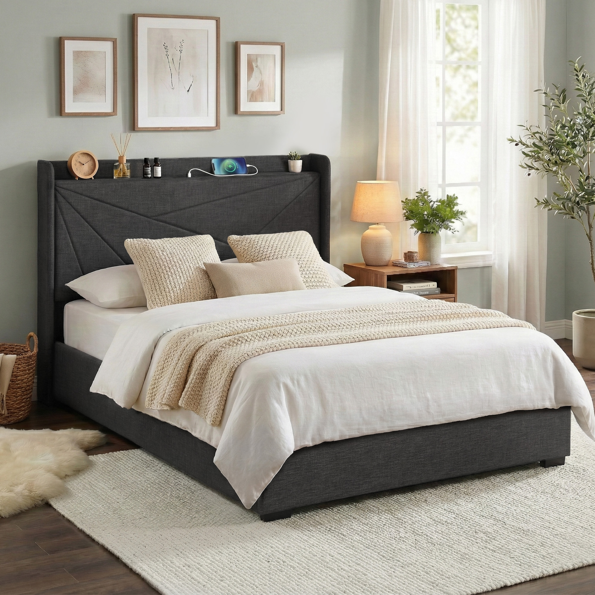 Artiss Double Bed Frame Gas Lift Storage Bed with Charging Ports Upholstered Geometric Headboard Charcoal Grey - Image 1