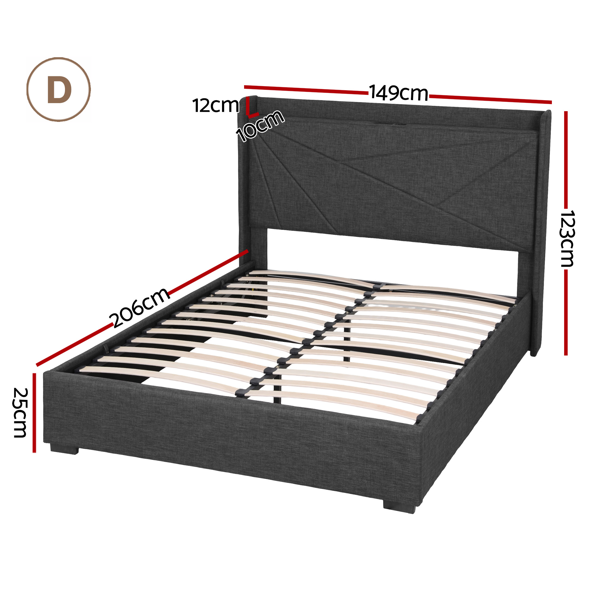 Artiss Double Bed Frame Gas Lift Storage Bed with Charging Ports Upholstered Geometric Headboard Charcoal Grey - Image 3