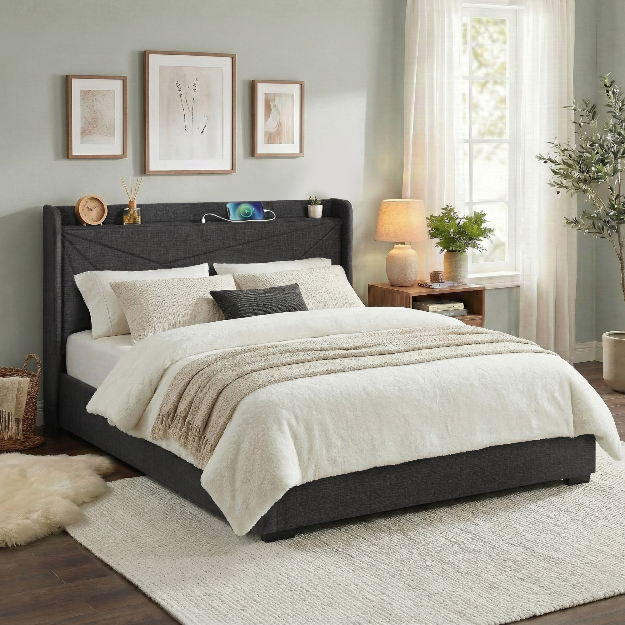 Artiss King Bed Frame Gas Lift Storage Bed with Charging Ports Upholstered Geometric Headboard Charcoal Grey - Image 1