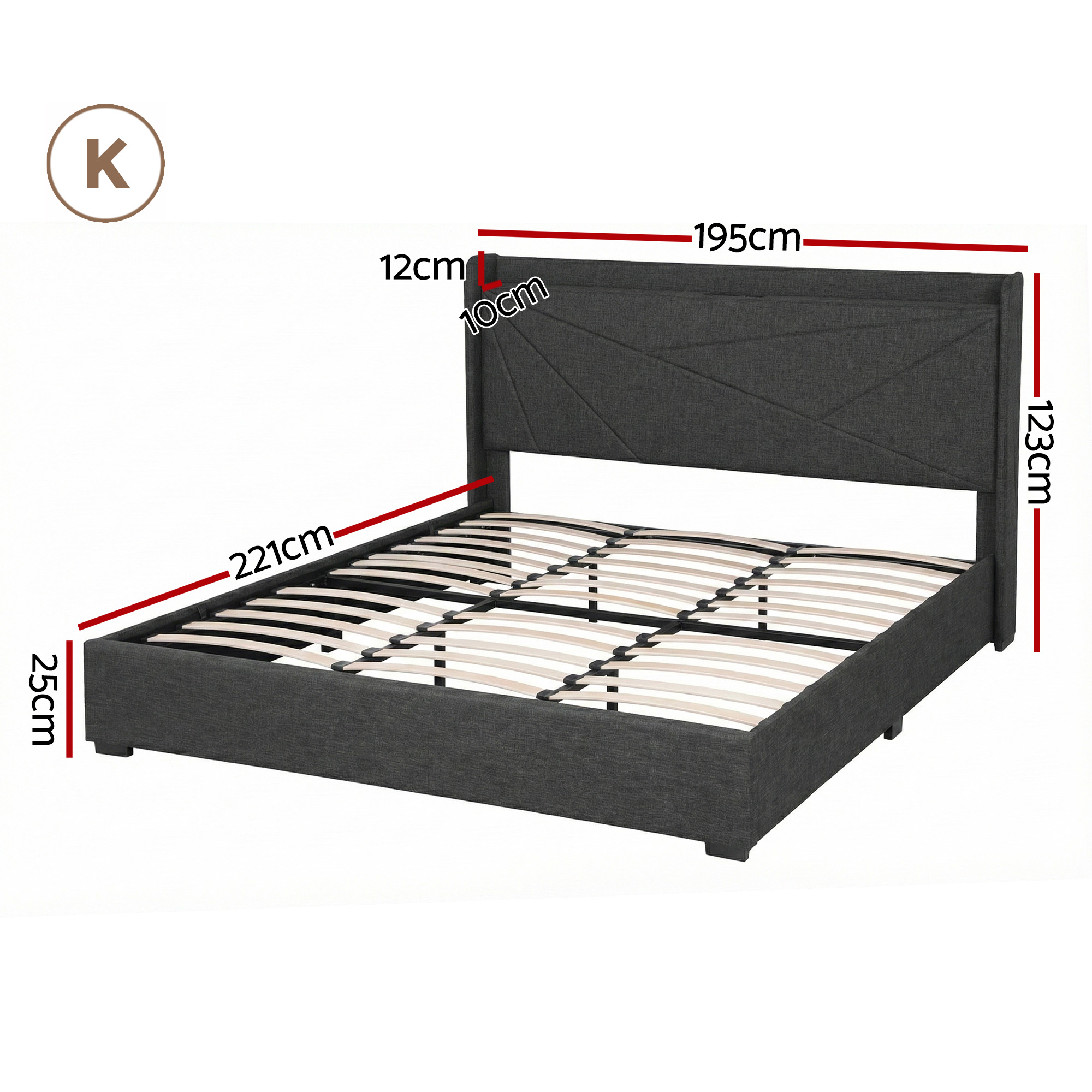 Artiss King Bed Frame Gas Lift Storage Bed with Charging Ports Upholstered Geometric Headboard Charcoal Grey - Image 3