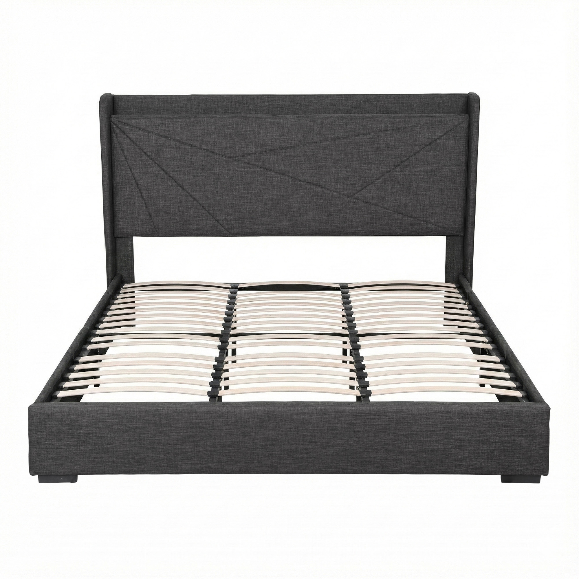 Artiss King Bed Frame Gas Lift Storage Bed with Charging Ports Upholstered Geometric Headboard Charcoal Grey - Image 4