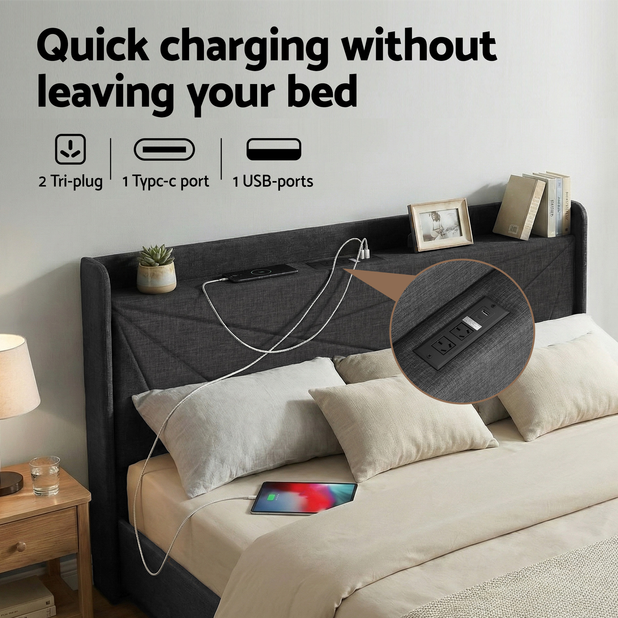 Artiss King Bed Frame Gas Lift Storage Bed with Charging Ports Upholstered Geometric Headboard Charcoal Grey - Image 6