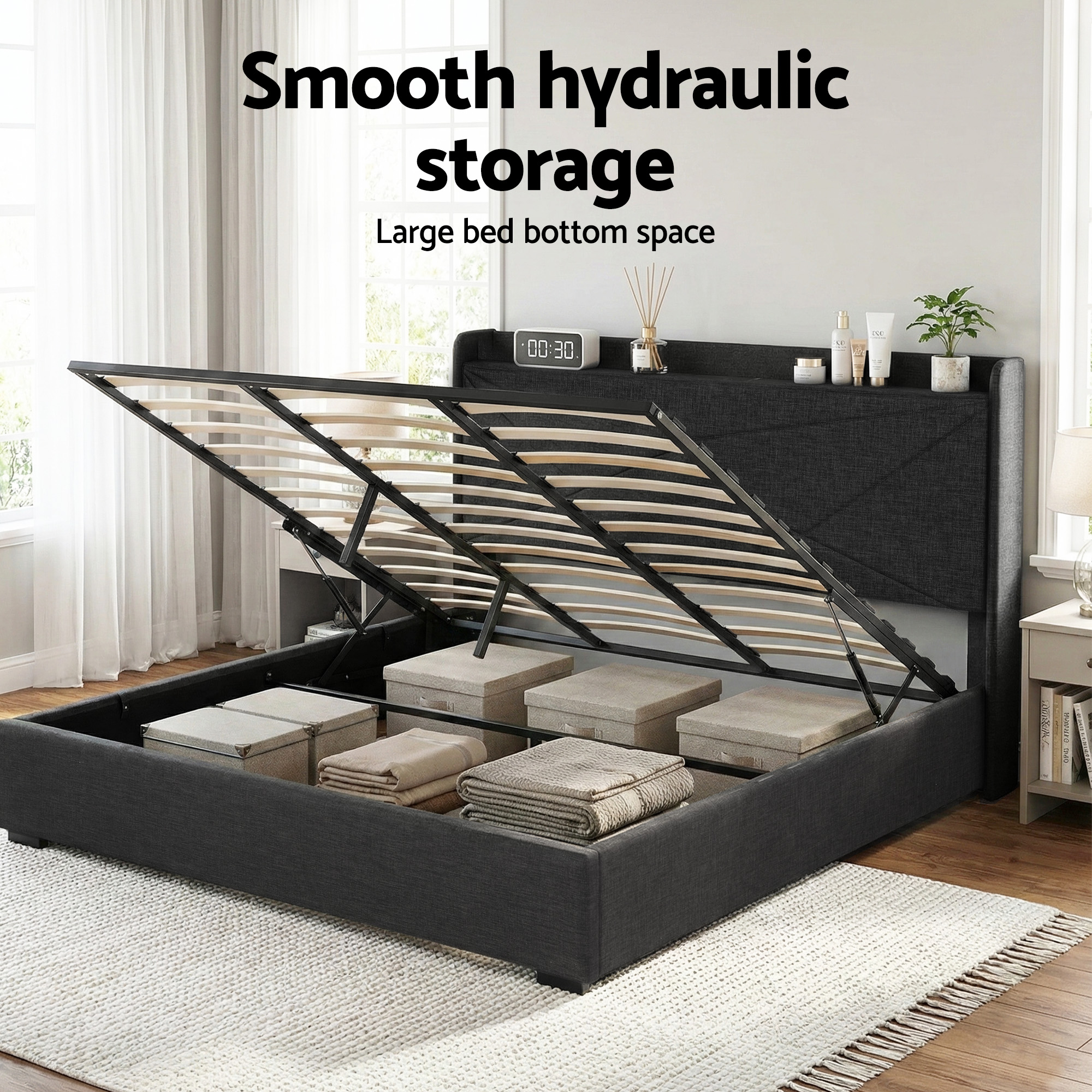 Artiss King Bed Frame Gas Lift Storage Bed with Charging Ports Upholstered Geometric Headboard Charcoal Grey - Image 8