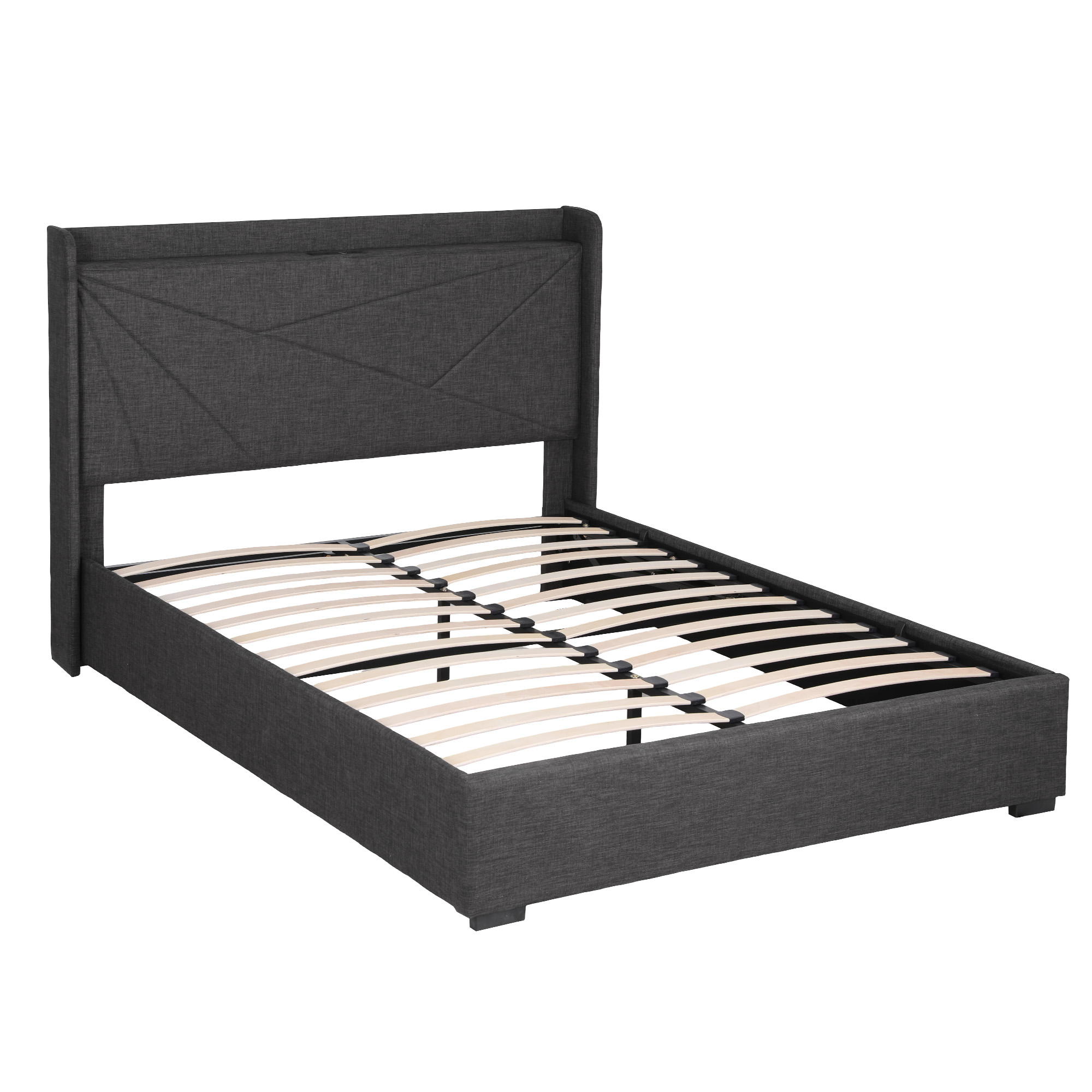 Artiss Queen Bed Frame Gas Lift Storage Bed with Charging Ports Upholstered Geometric Headboard Charcoal Grey - Image 2