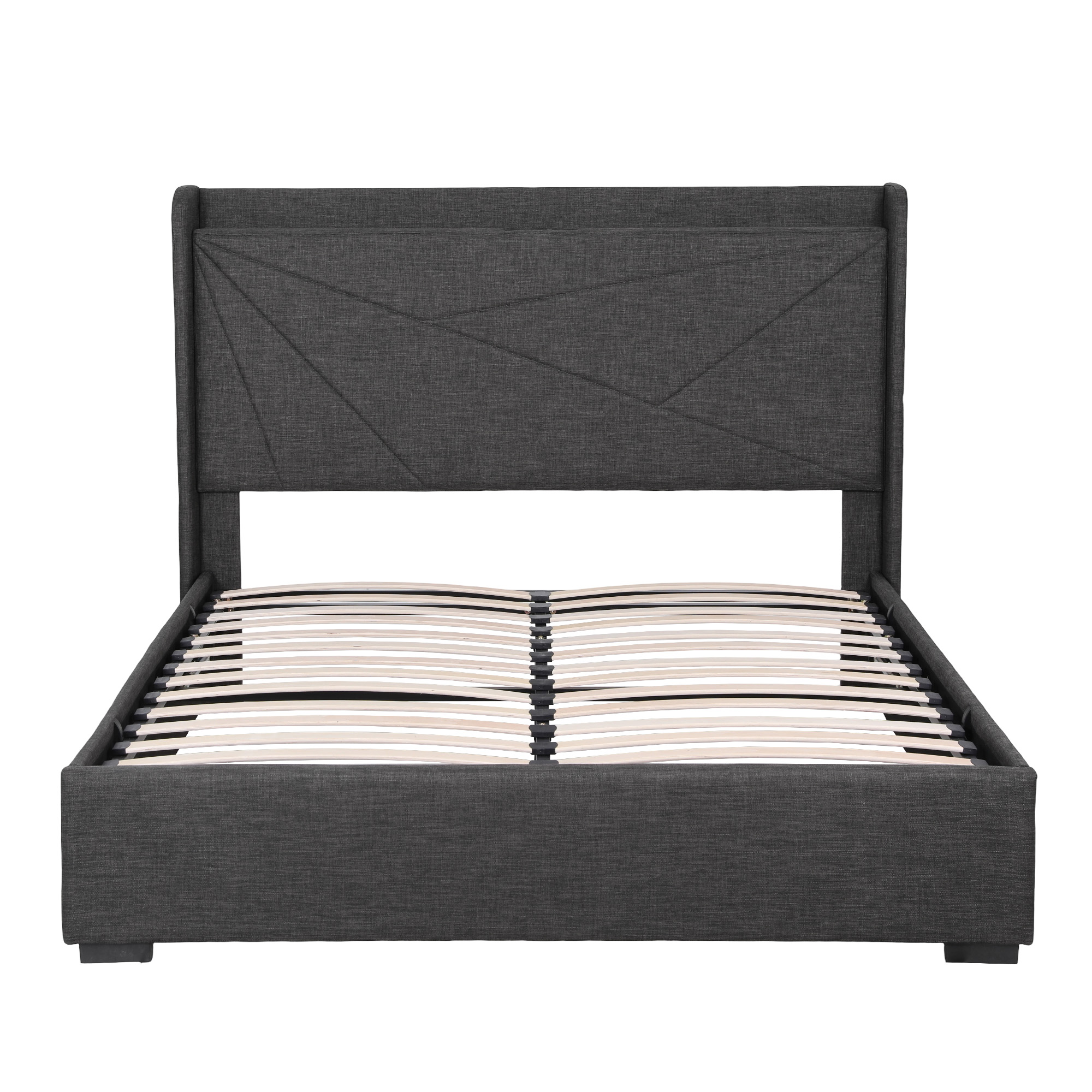 Artiss Queen Bed Frame Gas Lift Storage Bed with Charging Ports Upholstered Geometric Headboard Charcoal Grey - Image 4