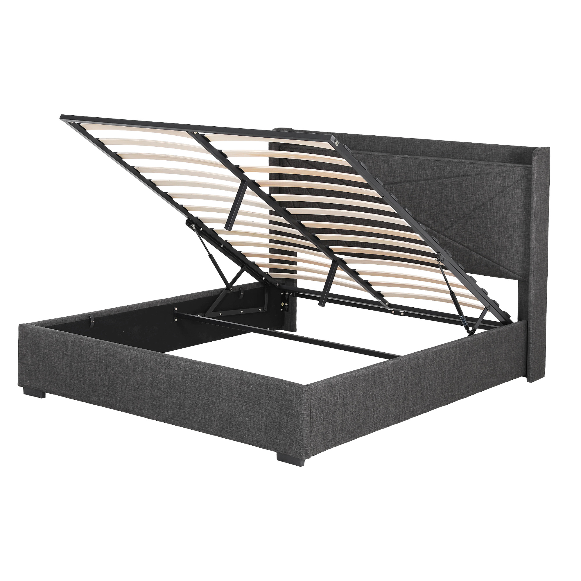 Artiss Queen Bed Frame Gas Lift Storage Bed with Charging Ports Upholstered Geometric Headboard Charcoal Grey - Image 5