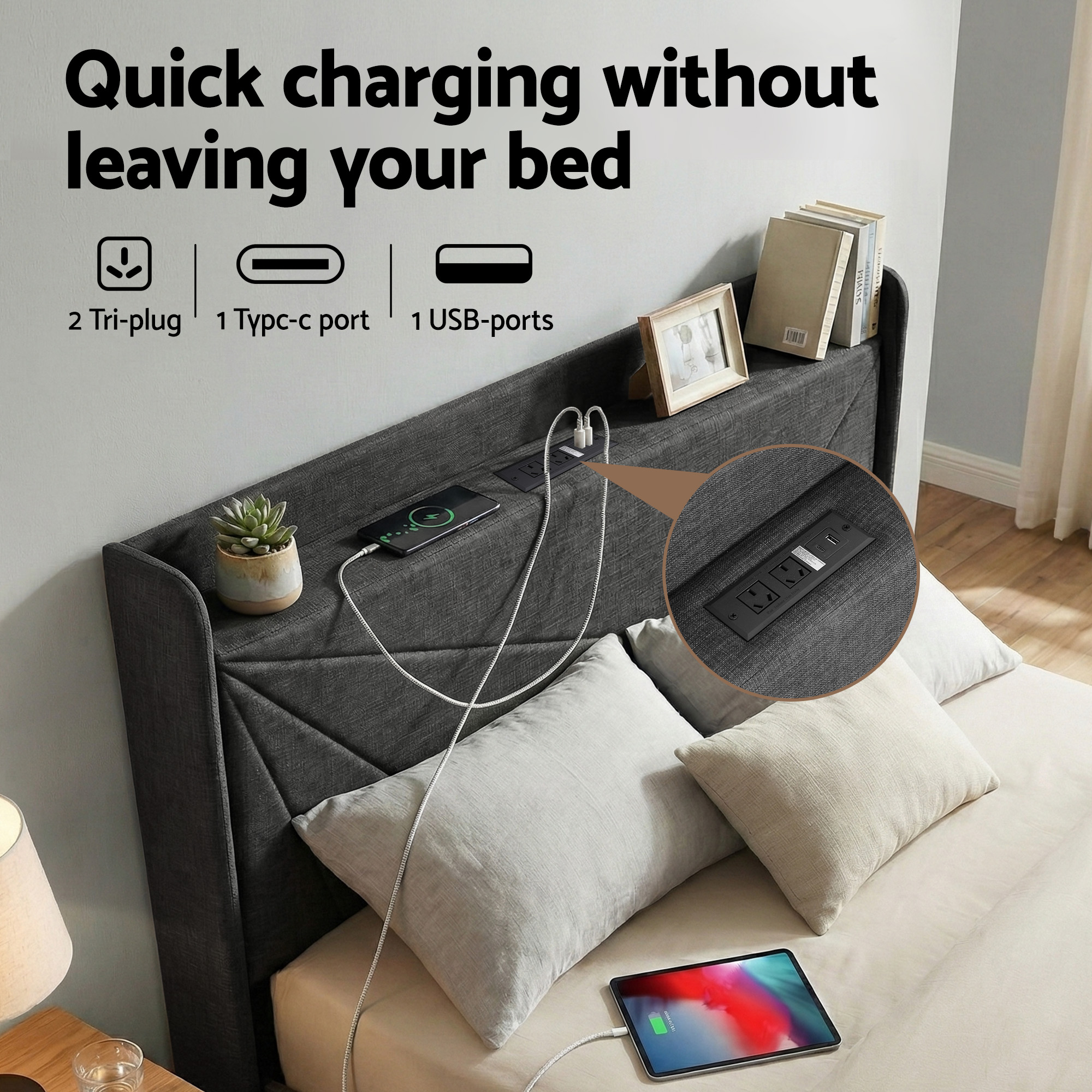 Artiss Queen Bed Frame Gas Lift Storage Bed with Charging Ports Upholstered Geometric Headboard Charcoal Grey - Image 6