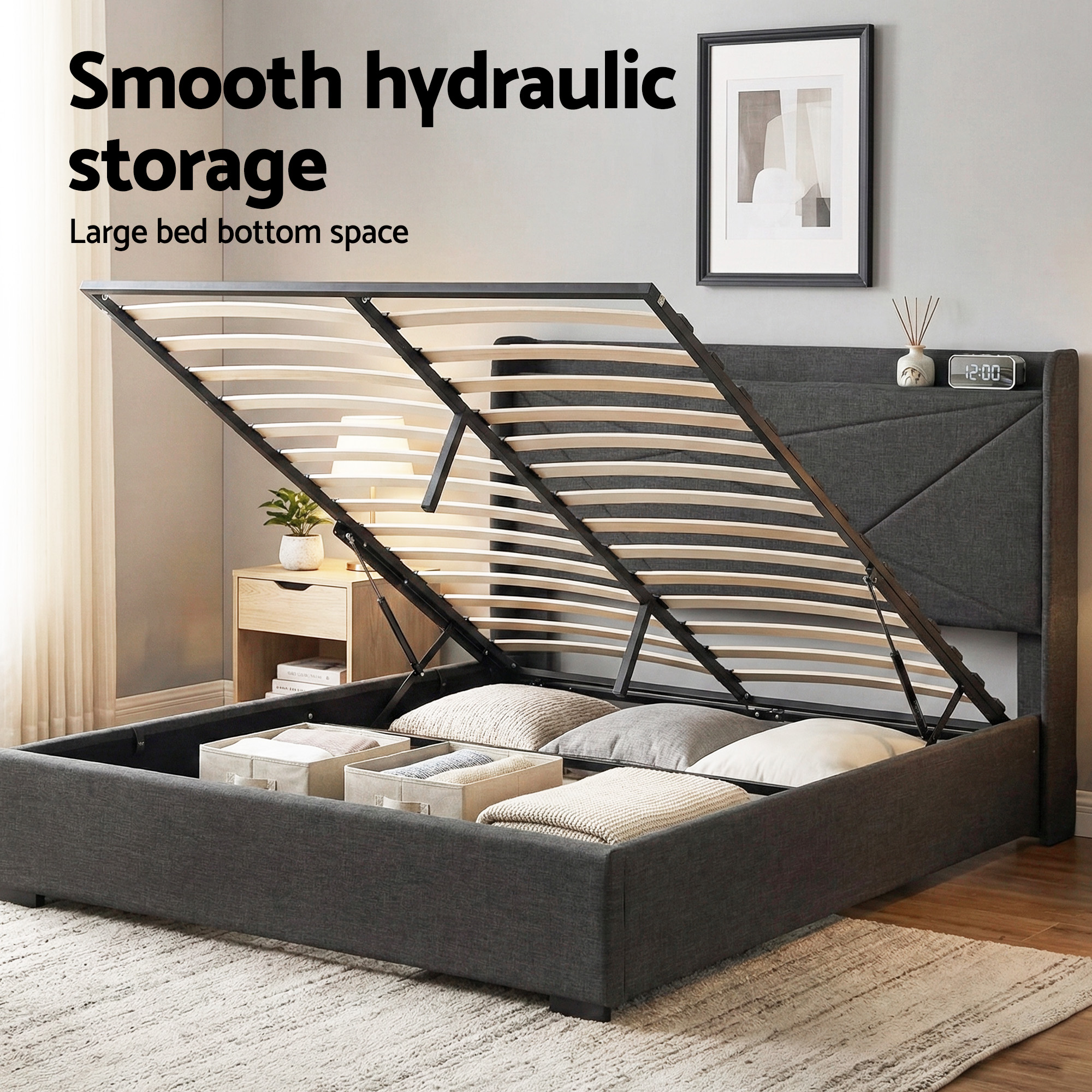 Artiss Queen Bed Frame Gas Lift Storage Bed with Charging Ports Upholstered Geometric Headboard Charcoal Grey - Image 8